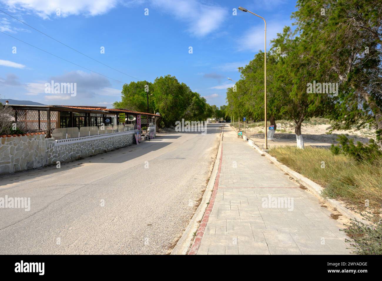 Kos, Greece - May 12, 2023: Street along Marmari beach on the Greek island of Kos. Greece Stock Photo