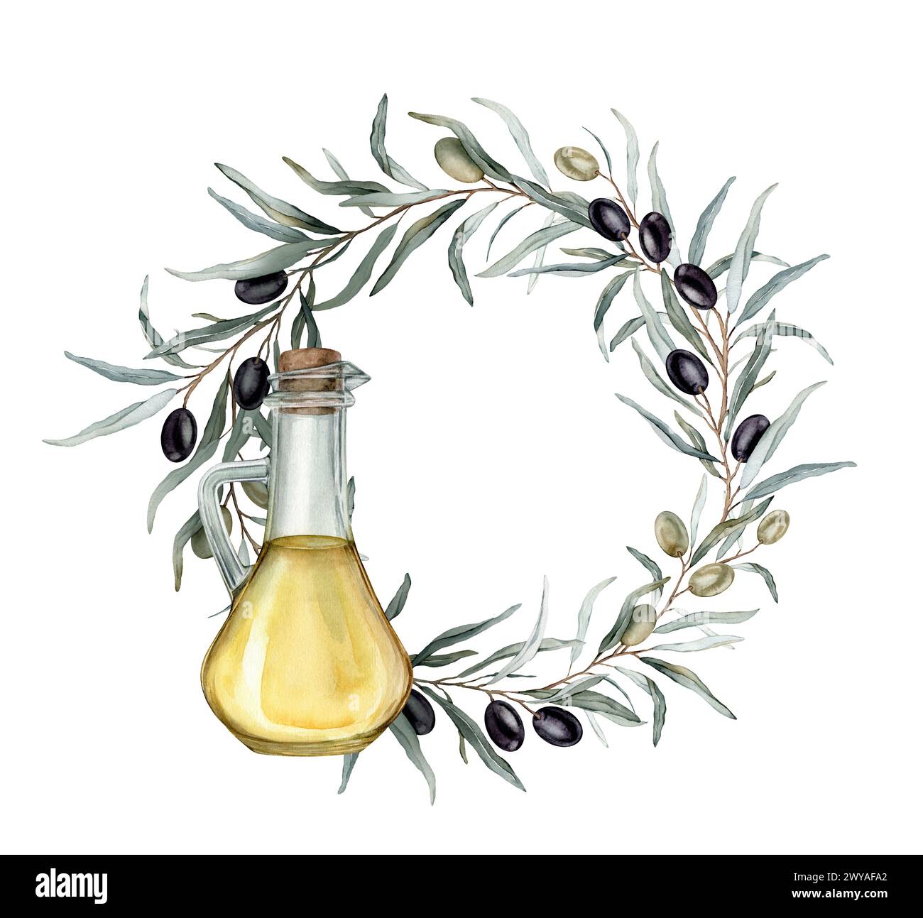 Watercolor olive branch round wreath with black and green fruit and ...