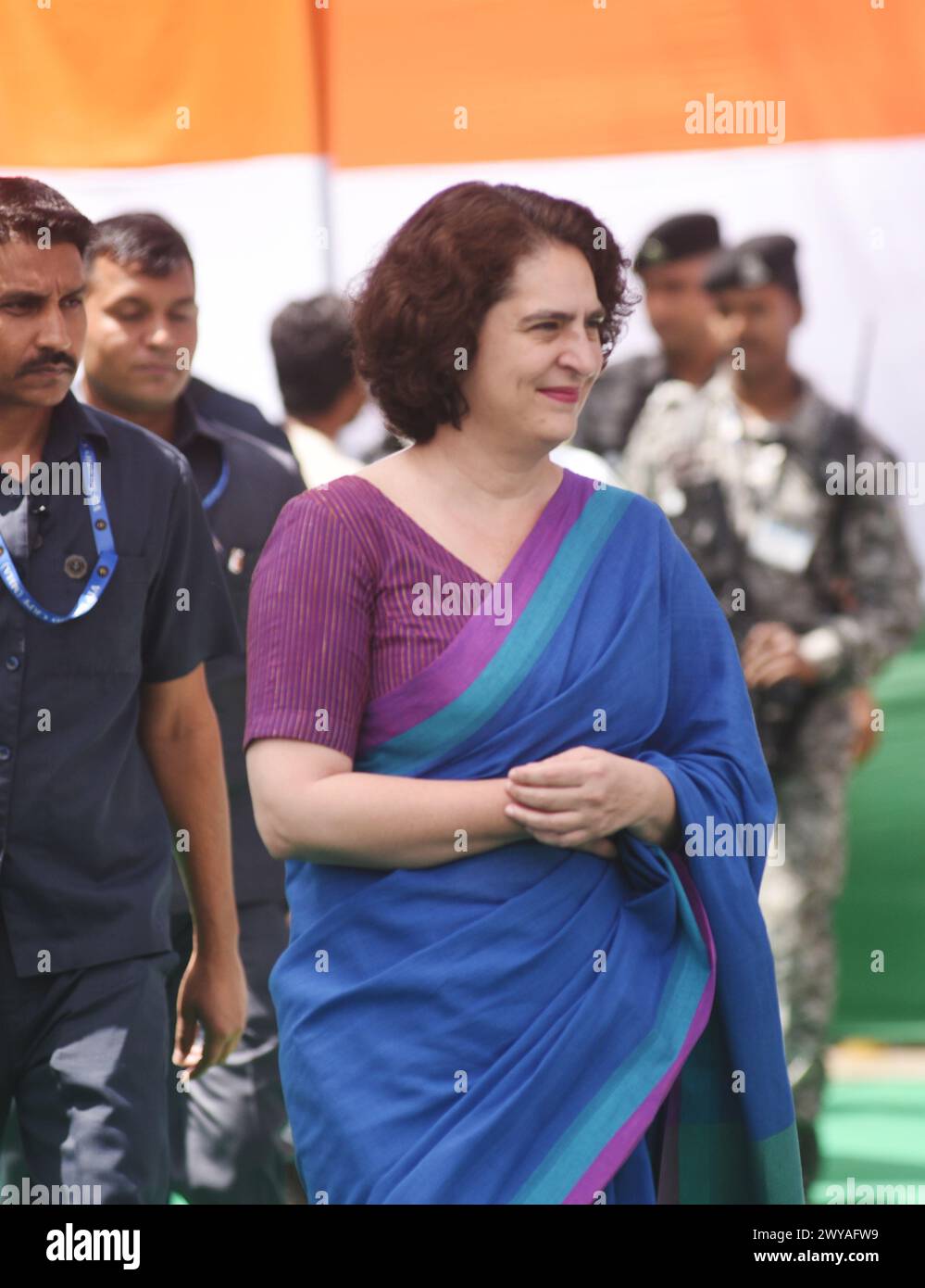 New Delhi, India. 5th Apr, 2024. Congress Party leader Priyanka Gandhi arrive to witness the release of party manifesto for the 2024 parliamentary election, with jobs creation, development of infrastructure, and a national caste census among the major highlights. (Credit Image: © Sondeep Shankar/Pacific Press via ZUMA Press Wire) EDITORIAL USAGE ONLY! Not for Commercial USAGE! Stock Photo