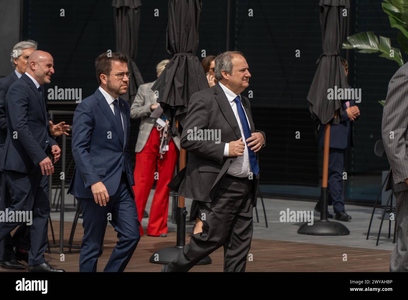 The King of Spain, the President of the Generalitat, and the Spanish Minister of Industry attend a presentation conference of the battery assembly factory of SEAT in Martorell, where the SEAT president has requested more investment from governments for the electrification of mobility, as well as incentives for vehicle purchases. El rey de España, el presidente de la Generalitat y el ministro de Industria español asisten a una conferencia de presentación de la factoría de ensamblaje de baterías de SEAT en Martorell, donde el presidente de SEAT ha solicitado más inversión por parte de los gobier Stock Photo