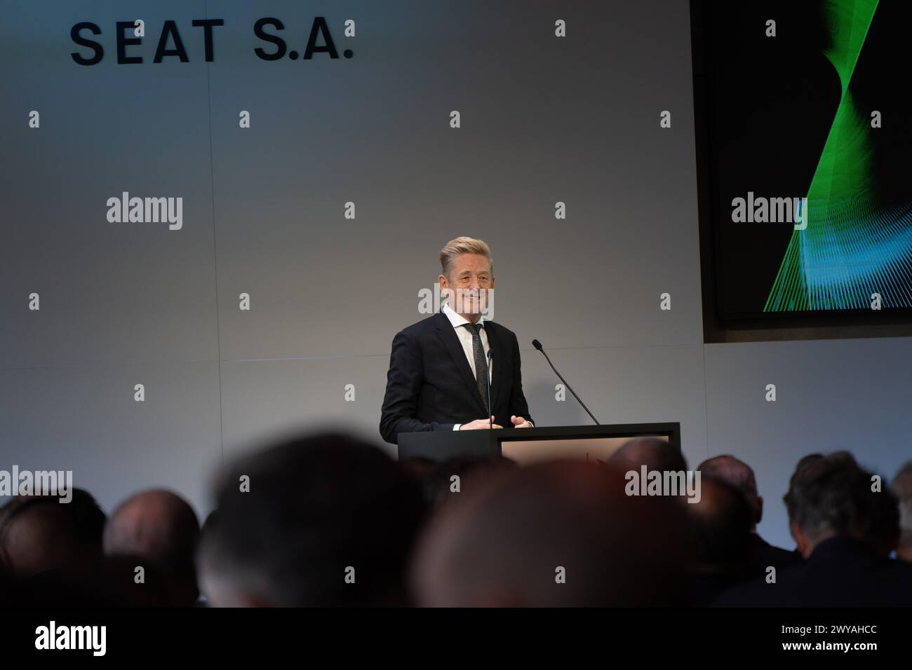 The King of Spain, the President of the Generalitat, and the Spanish Minister of Industry attend a presentation conference of the battery assembly factory of SEAT in Martorell, where the SEAT president has requested more investment from governments for the electrification of mobility, as well as incentives for vehicle purchases. El rey de España, el presidente de la Generalitat y el ministro de Industria español asisten a una conferencia de presentación de la factoría de ensamblaje de baterías de SEAT en Martorell, donde el presidente de SEAT ha solicitado más inversión por parte de los gobier Stock Photo