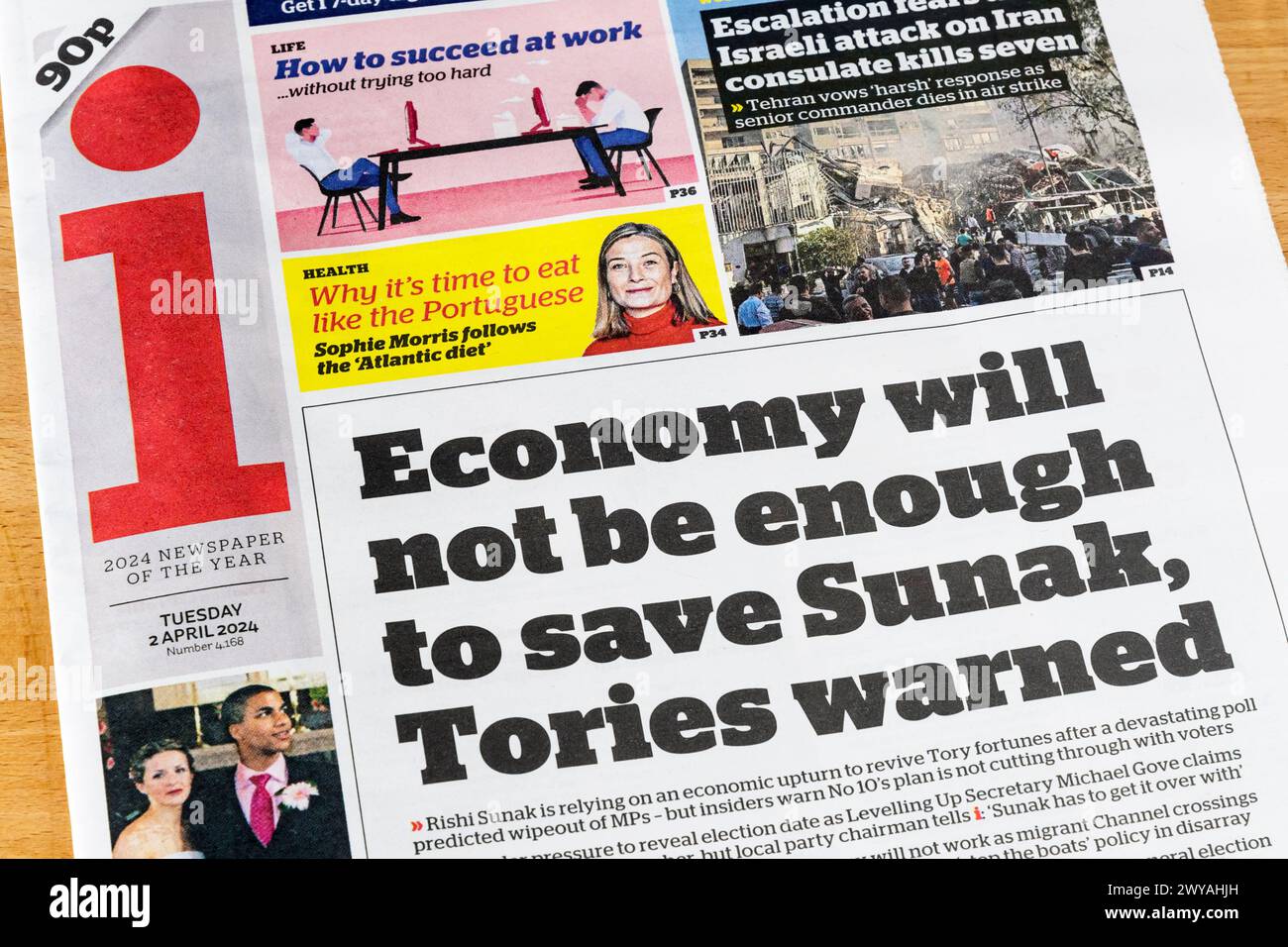2 April 2024. Headlin in i newspaper reads: Economy will not be enough to save Sunak, Tories warned. Stock Photo