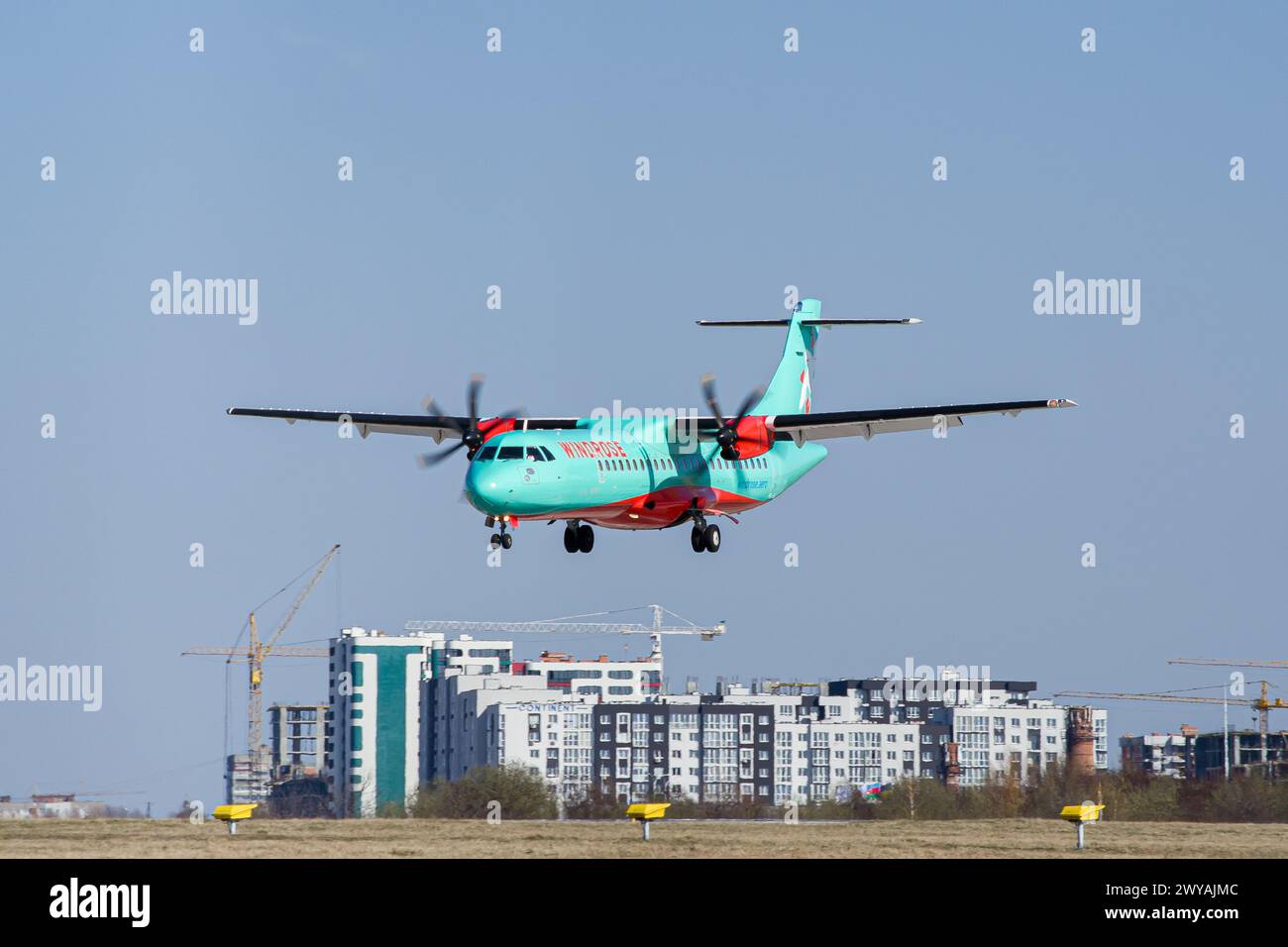Ukrainian airline's Windrose Airlines ATR-72-600 landing in Lviv Airport Stock Photo
