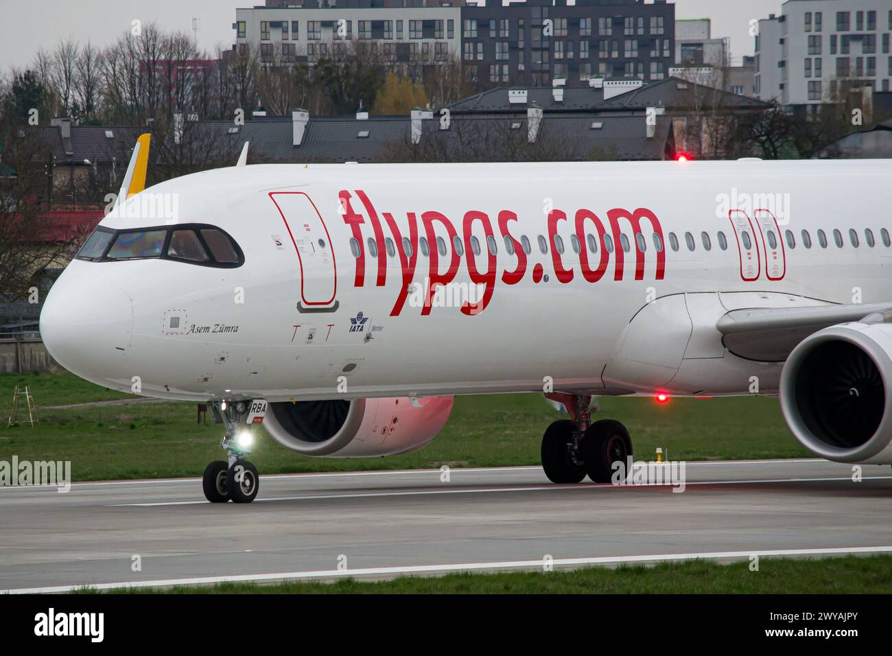 Close-up of a Pegasus Airlines Airbus A321 NEO taxiing after landing at Lviv Airport after a flight from Istanbul, Turkey Stock Photo