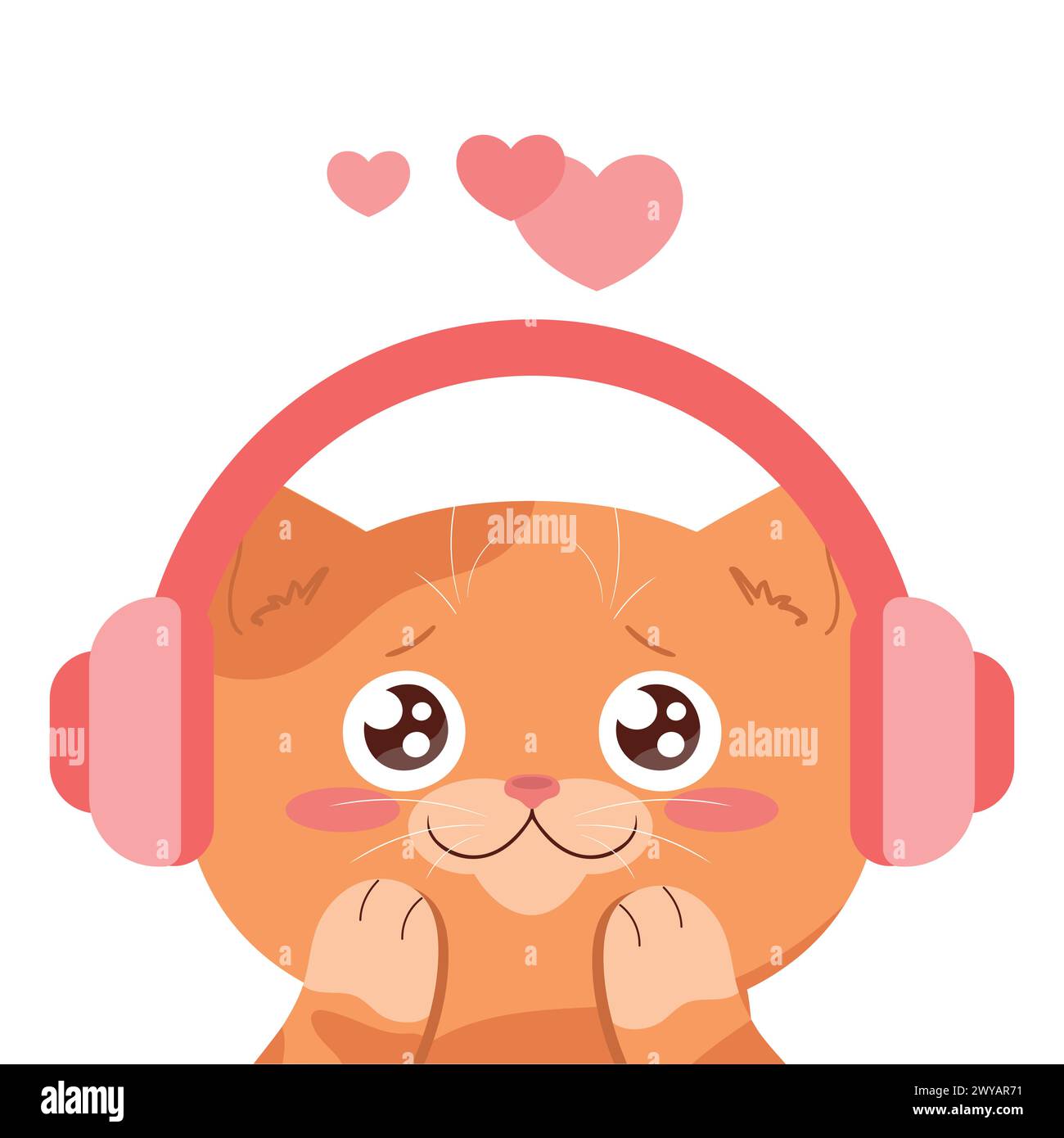 Cute red tabby cat in headphones. Cat listening to music with love