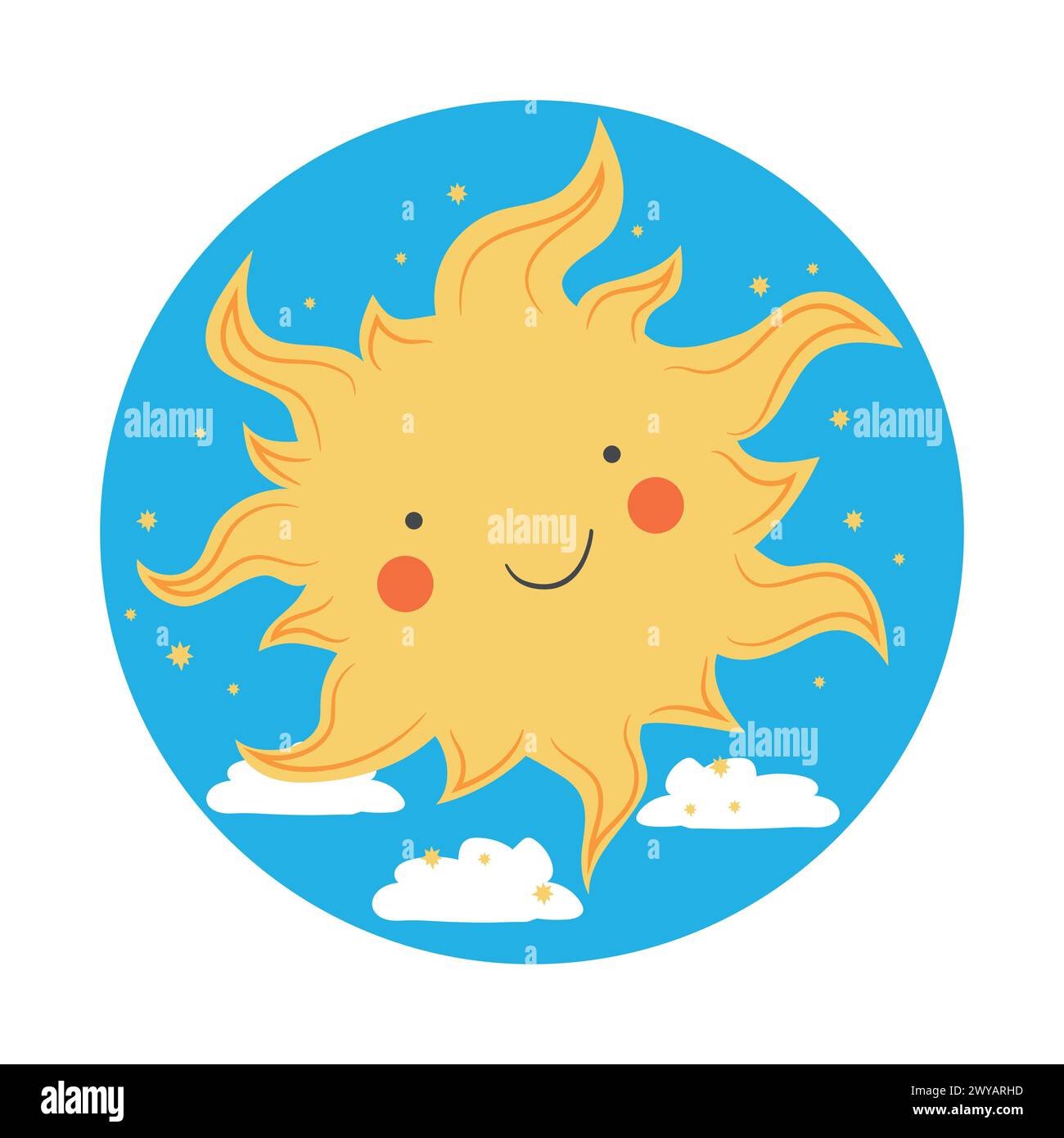 Cute smiling sun logo symbol sign. Childish logo design for kids. Sun and clouds in blue sky. Vector illustration Stock Vector