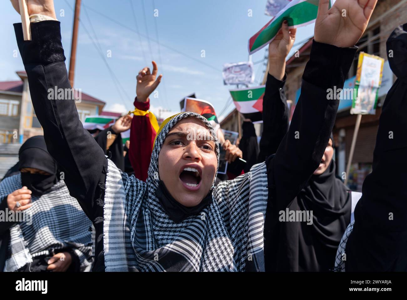 Srinagar, India. 05th Apr, 2024. Kashmiri Muslim women shout Anti ...