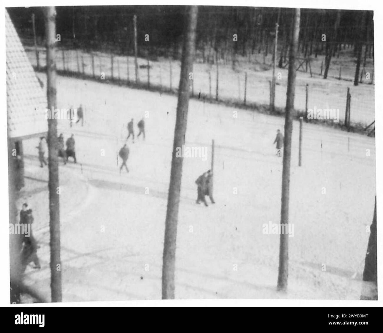 P.O.W. LIFE IN GERMANY - Original wartime caption: General view of Oflag 79, during heavy snowfall. Photographic negative , British Army, 21st Army Group Stock Photo