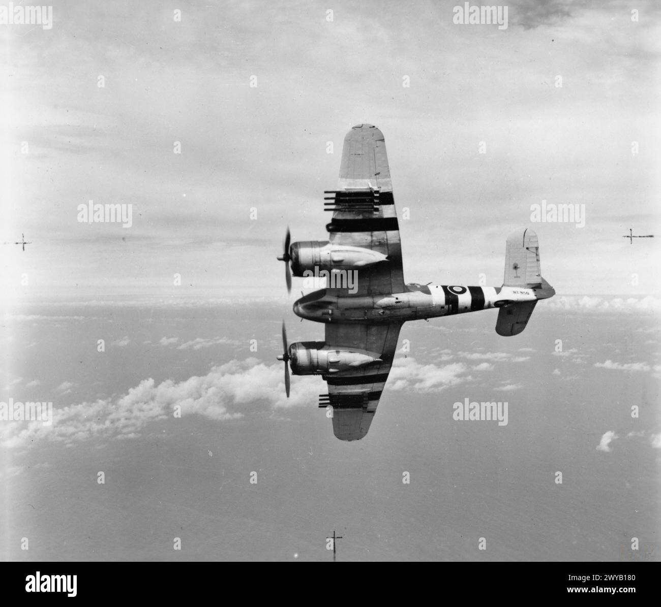 AIRCRAFT OF THE ROYAL AIR FORCE 1939-1945: BRISTOL TYPE 156 BEAUFIGHTER. - Beaufighter TF Mark X, NT950 MB-T, of No. 236 Squadron RAF based at North Coates, Lincolnshire, banking away from the camera, showing the rocket rails. NT950 was shot down off the Dutch coast on 3 October 1944. , Royal Air Force, 236 Squadron Stock Photo