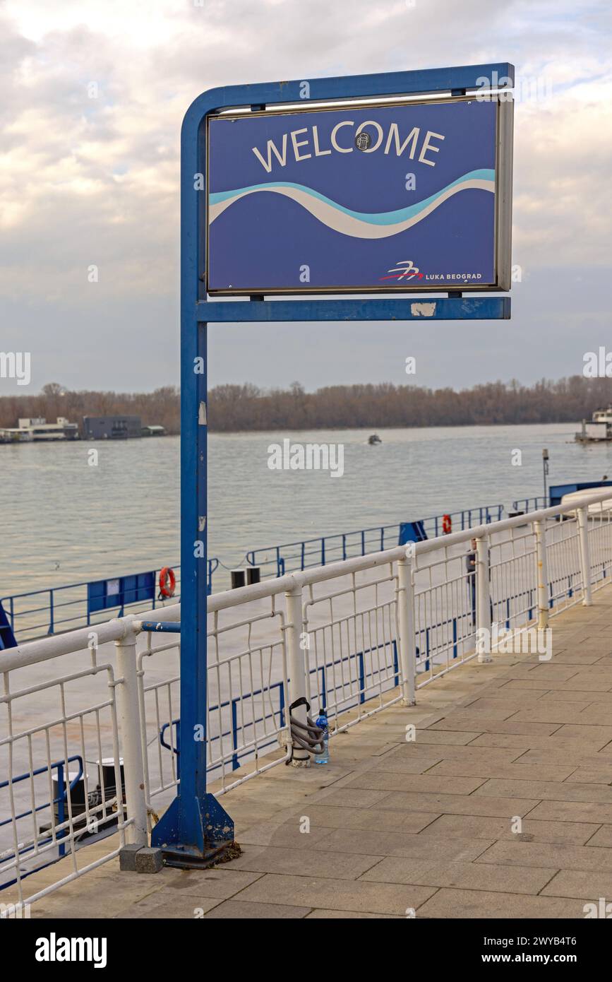 Belgrade, Serbia - February 07, 2024: Welcome to Belgrade Port International Passenger Terminal Port of Belgrade at River Sava Winter Day. Stock Photo