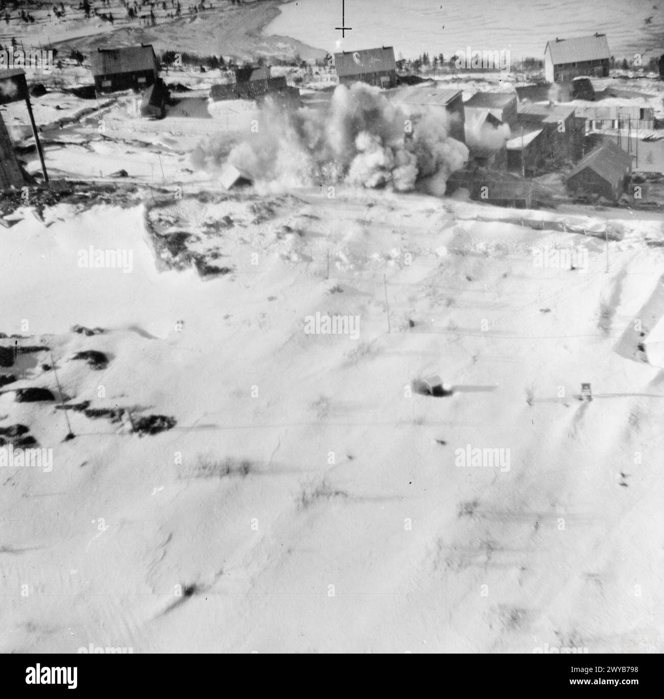 ROYAL AIR FORCE BOMBER COMMAND, 1942-1945. - Oblique aerial photograph taken during a low-level daylight attack on the molybdenum mine at Knaben, Norway, by 10 De Havilland Mosquito B Mark IVs of No. 139 Squadron RAF, led by its Commanding Officer, Wing Commander P Shand. Smoke from exploding bombs is seen pouring from the washing plant during the raid. The attack was successful, but one aircraft was shot down by German fighters. , Royal Air Force, 139 Squadron, Royal Air Force, 2 Group Stock Photo