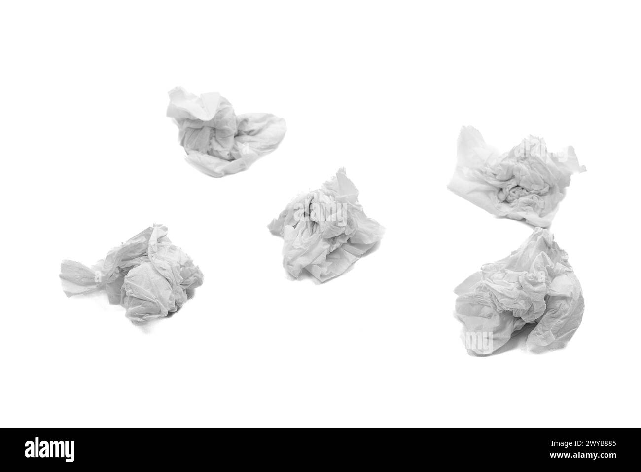Set of crumpled tissue paper. Used screwed paper tissue isolated on white background. Personal hygiene Stock Photo