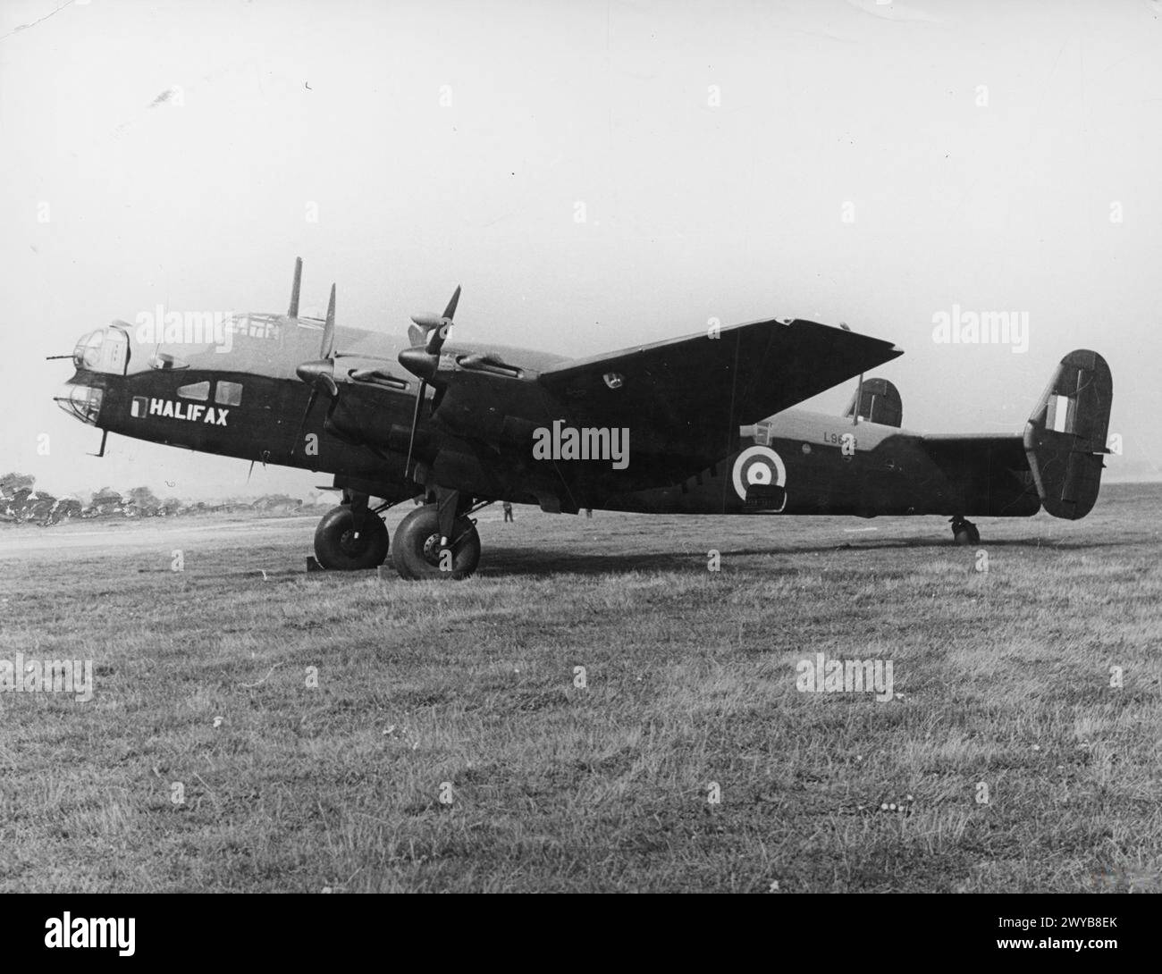 RAF BOMBER COMMAND - Handley Page Halifax Mk I L9608 at Radlett, Hertfordshire, following an official naming ceremony at the Handley Page factory by Lady Halifax, 12 September 1941. The aircraft subsequently served with No. 35 Squadron RAF and No. 1652 Heavy Conversion Unit before being written off in November 1942. , Stock Photo