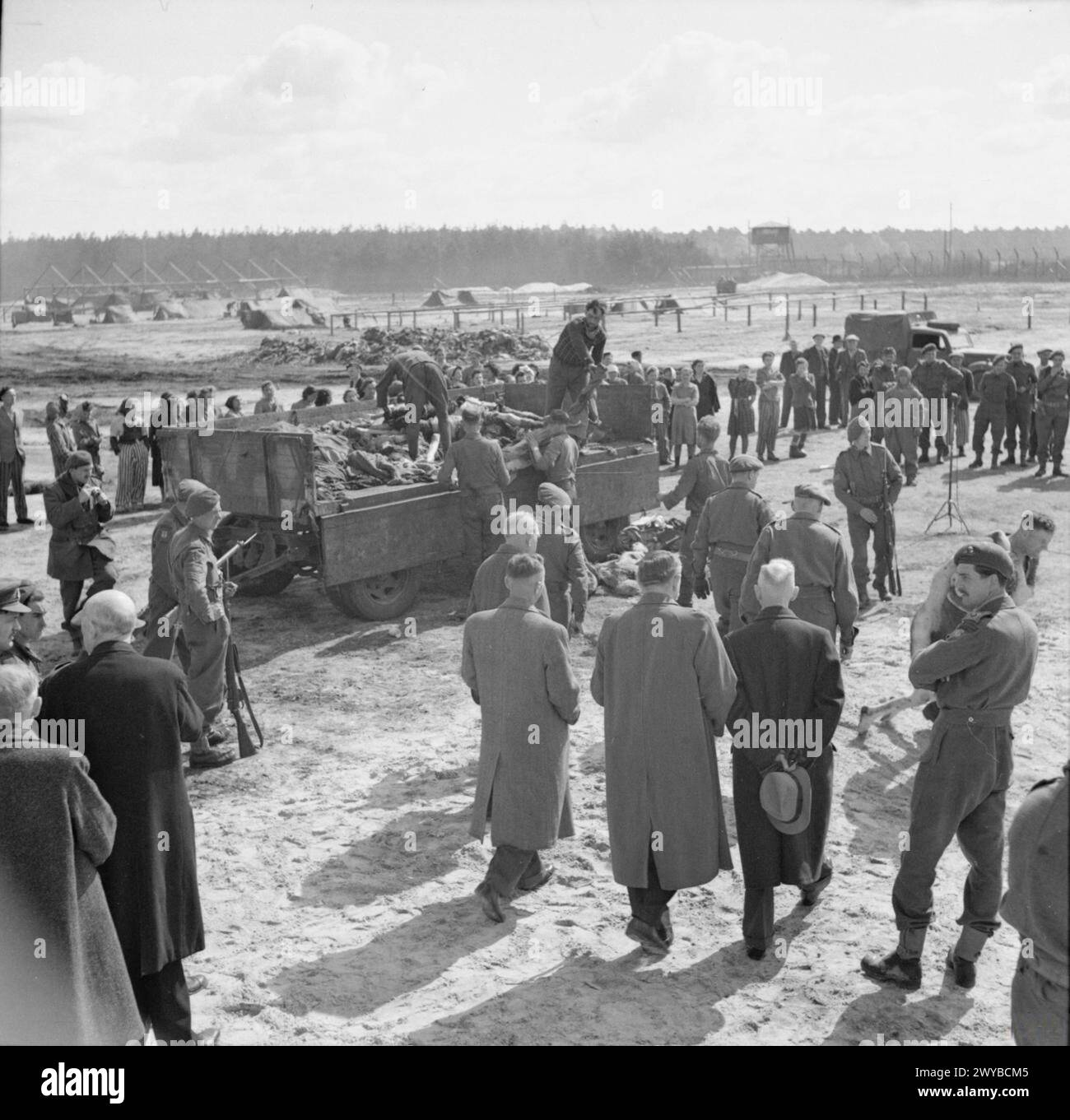 THE LIBERATION OF BERGEN-BELSEN CONCENTRATION CAMP, APRIL 1945 - Camp inmates watch German SS guards load a lorry with bodies of the dead. In the foreground, British Army officers escort a party of civilian visitors to the camp. , Stock Photo