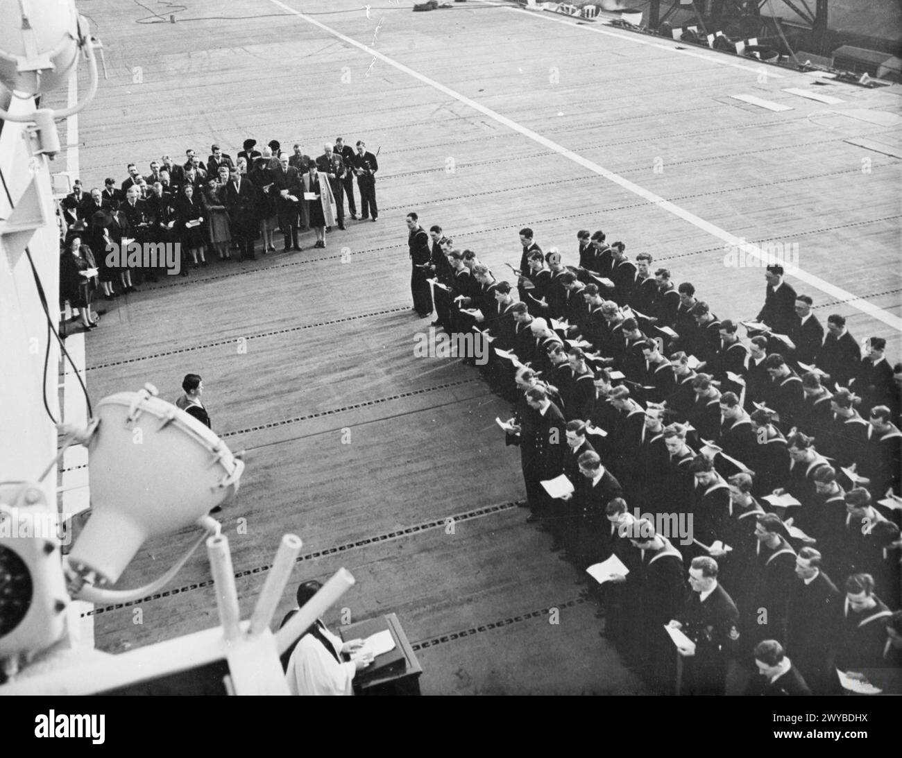 WITH THE ESCORT CARRIER HMS SMITER, 1944. - A scene on the flight deck during the SMITER's commissioning service. Vancouver, British Columbia. , Stock Photo