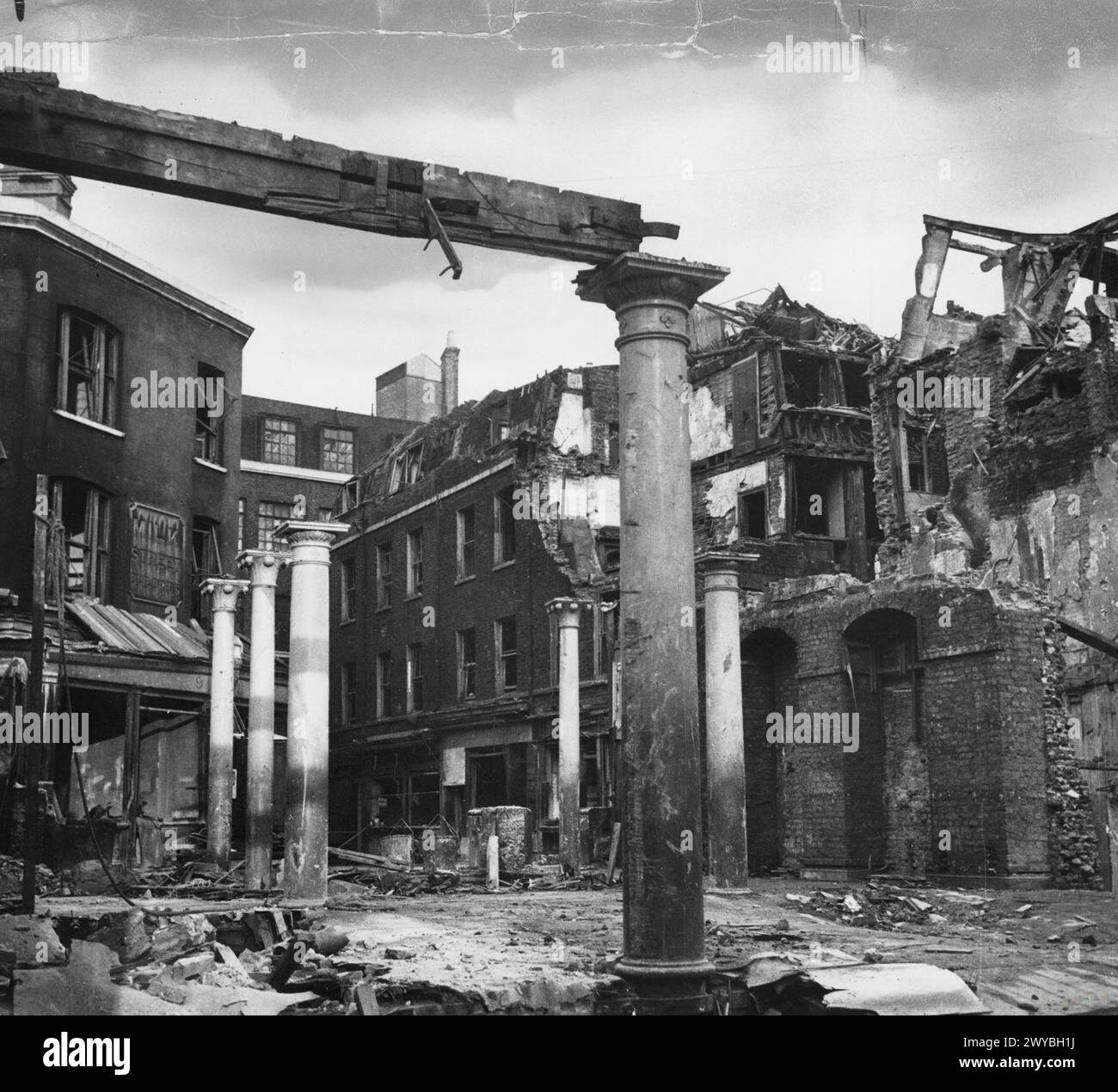 Bomb damage to HMV Gramophone Shop on Oxford Street, London, in 1940 during the London Blitz, captured in a black and white silver gelatine print by Cecil Beaton. Stock Photo