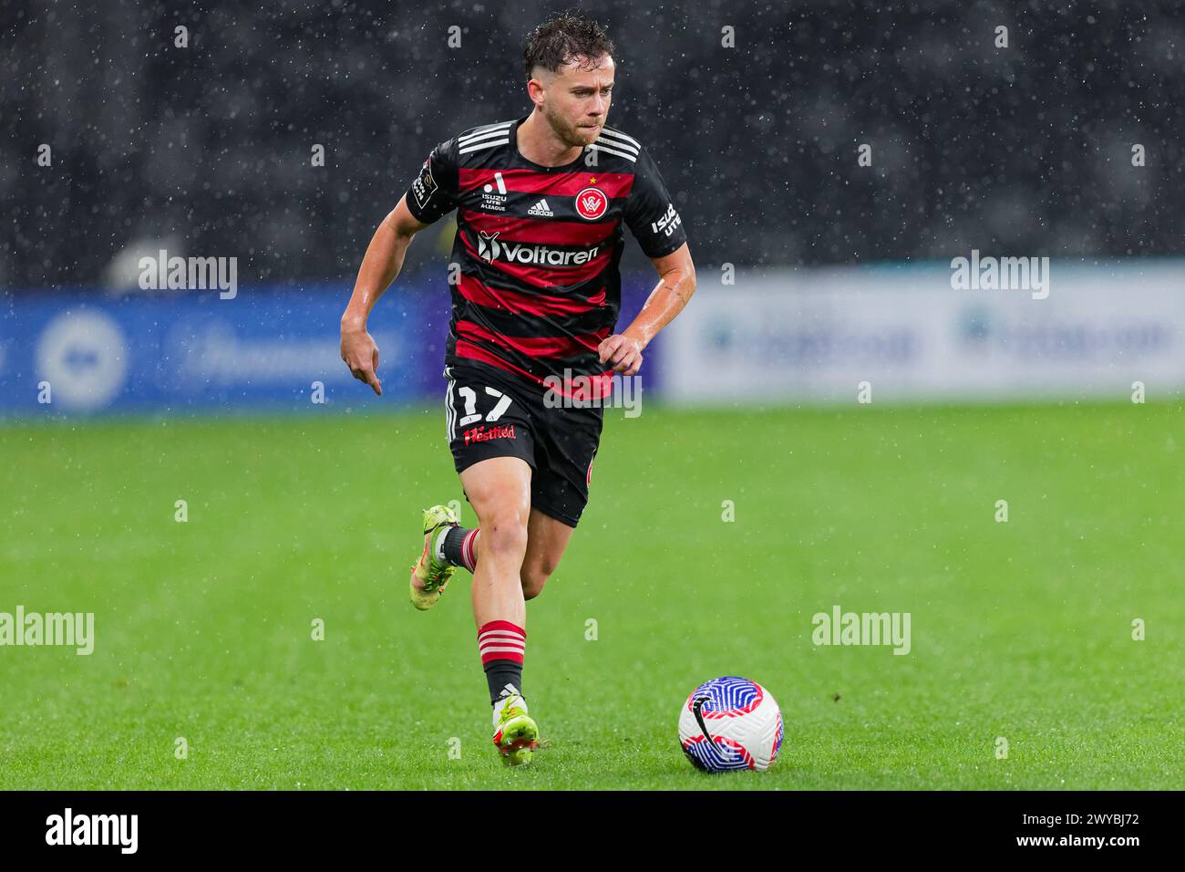Sydney, Australia. 05th Apr, 2024. Lachlan Brook of the Wanderers controls the ball during the A-League Men Rd23 match between the Wanderers and Brisbane Roar at CommBank Stadium on April 5, 2024 in Sydney, Australia Credit: IOIO IMAGES/Alamy Live News Stock Photo