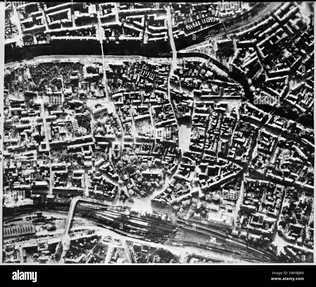 Vertical aerial photograph of central Pforzheim, Germany, taken by Royal Air Force Photographic Reconnaissance Units before a Bomber Command attack on 23-24 February 1945. Stock Photo