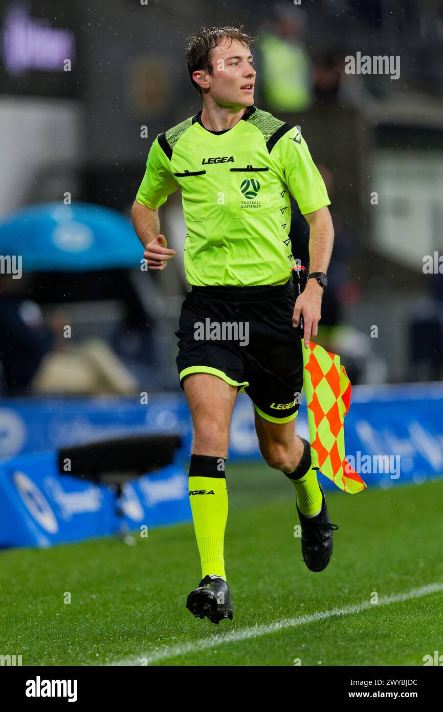 Sydney, Australia. 05th Apr, 2024. Assistant Referee, Henry Day in action during the A-League Men Rd23 match between the Wanderers and Brisbane Roar at CommBank Stadium on April 5, 2024 in Sydney, Australia Credit: IOIO IMAGES/Alamy Live News Stock Photo