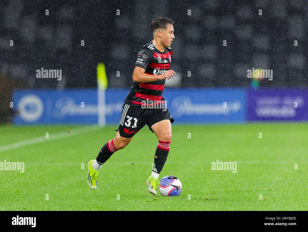 Sydney, Australia. 05th Apr, 2024. Aidan Simmons controls the ball during the A-League Men Rd23 match between the Wanderers and Brisbane Roar at CommBank Stadium on April 5, 2024 in Sydney, Australia Credit: IOIO IMAGES/Alamy Live News Stock Photo