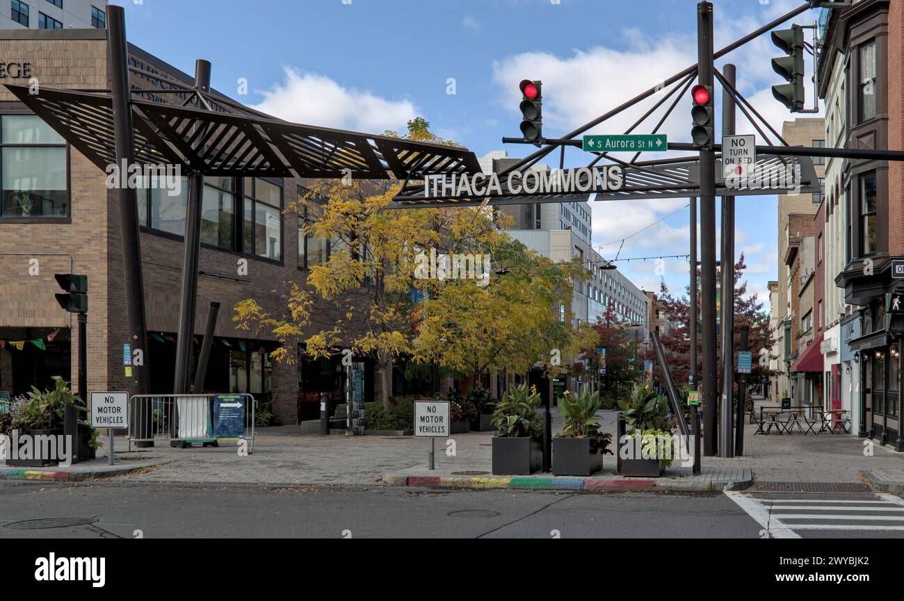 Ithaca Commons sign above pedestrian street in downtown Ithaca, a university town in the finger lakes region of upstate New York. Stock Photo