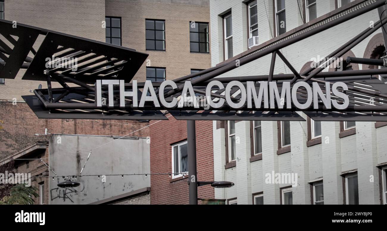 Ithaca Commons sign above pedestrian street in downtown Ithaca, a university town in the finger lakes region of upstate New York. Stock Photo