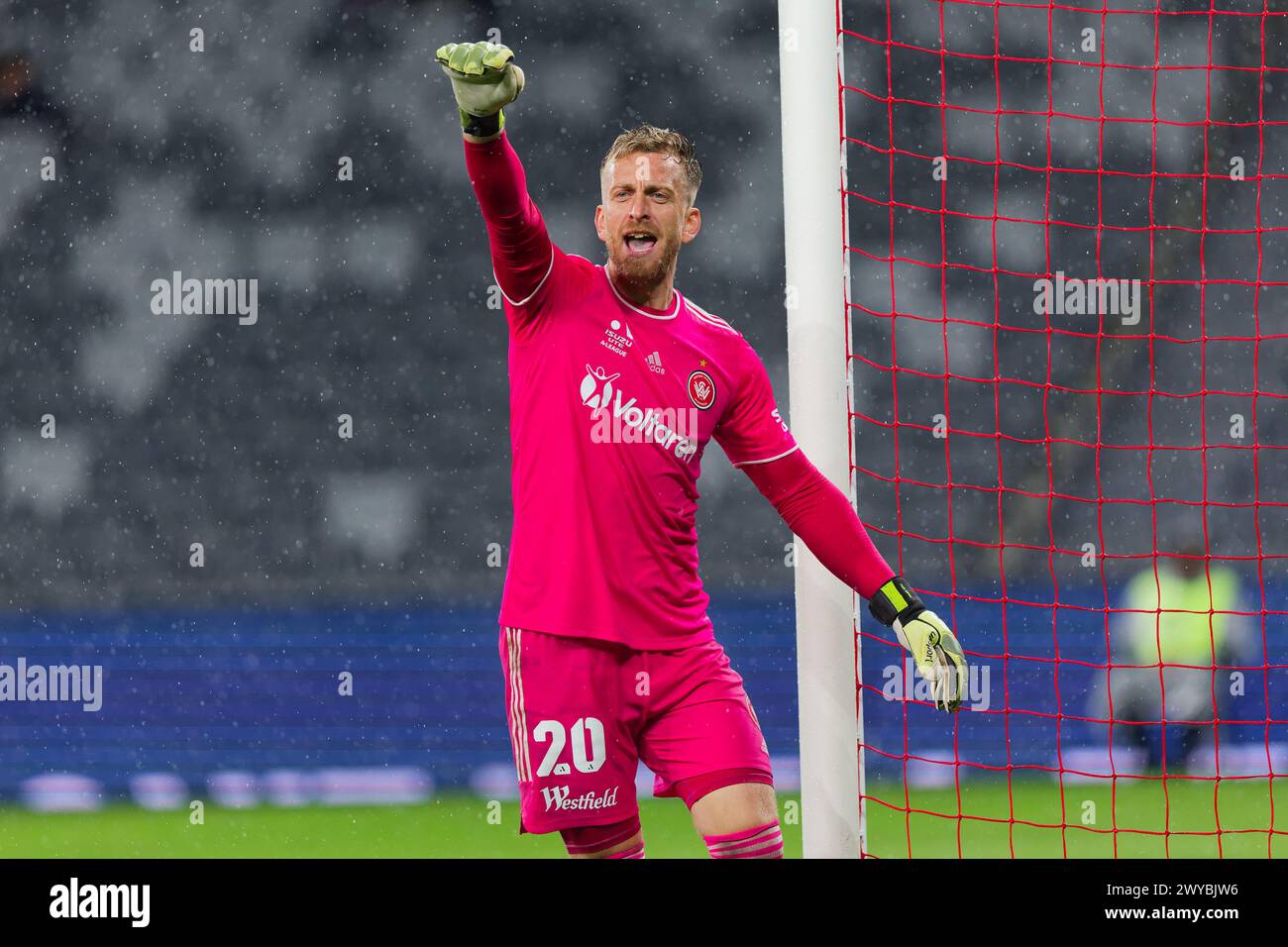 Sydney, Australia. 05th Apr, 2024. Goalkeeper, Lawrence Thomas of the Wanderers communicates to his team during the A-League Men Rd23 match between the Wanderers and Brisbane Roar at CommBank Stadium on April 5, 2024 in Sydney, Australia Credit: IOIO IMAGES/Alamy Live News Stock Photo