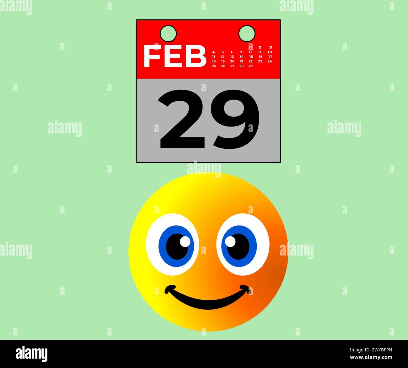 One extra day in leap year 29 February calendar. happy emoticon, green background, happy leap day, leap year, date, time, extra Stock Vector