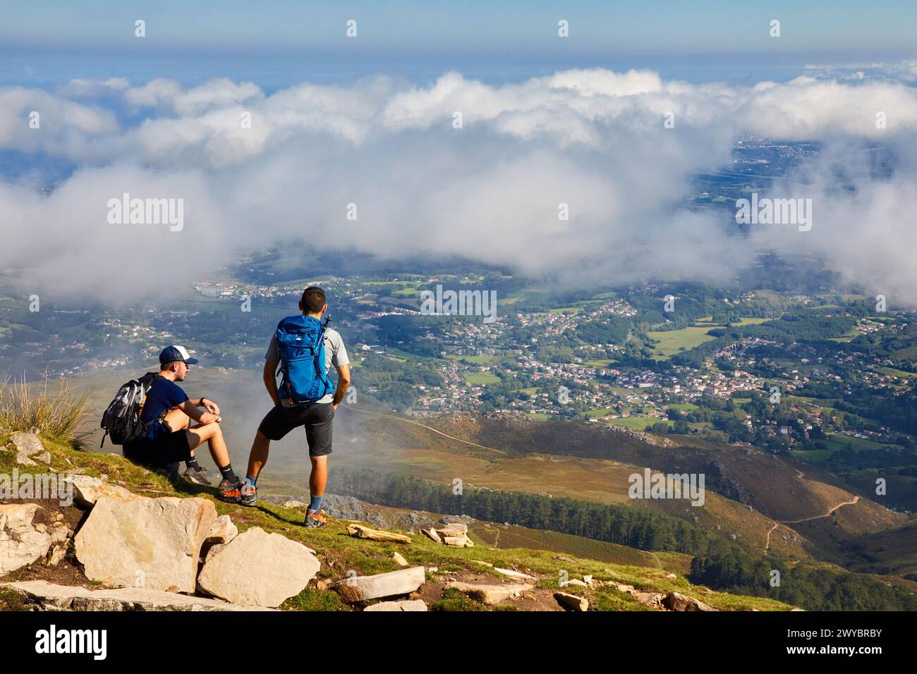 Mountaineers, Larrune mountain, La Rhune, Border between Spain and France, Europe. Stock Photo