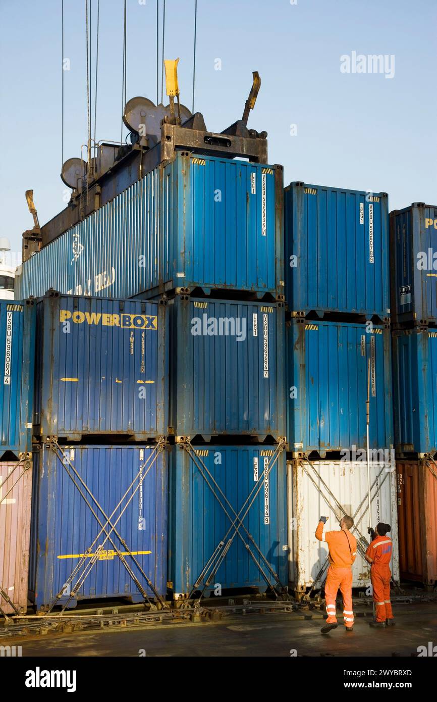 Loading cargo containers in ship, Port of Bilbao, Santurtzi. Biscay, Euskadi, Spain. Stock Photo
