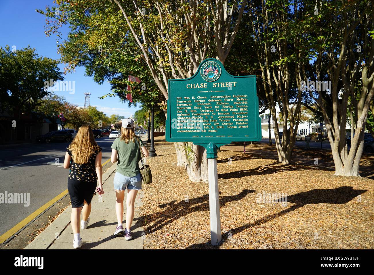 Street corner of N Palafox St & W Chase St in Pensacola, with historical marker, on November 8, 2023. Stock Photo