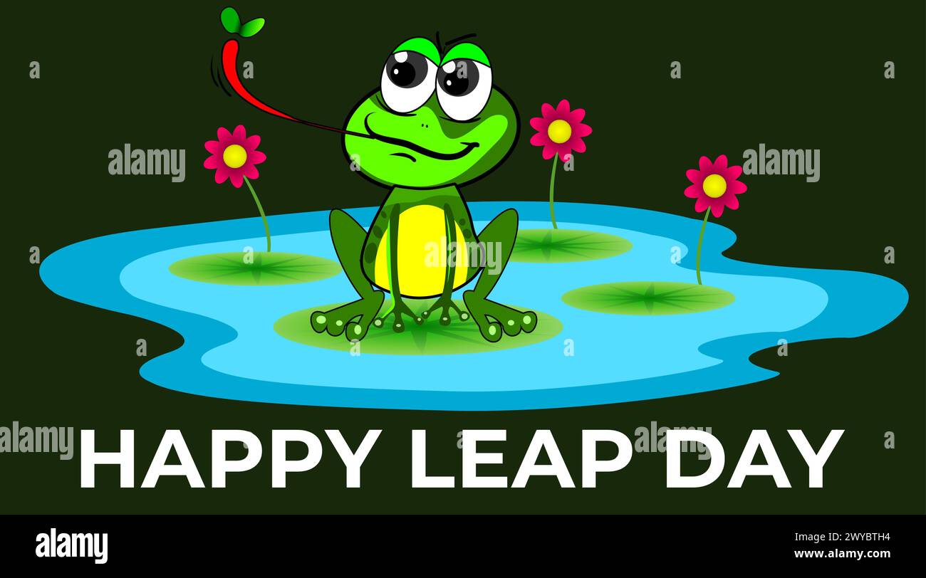 Happy leap day a frog on lily pad in a calm pond. leap day 29 February 2024 Happy leap day vector illustration. Leap year, twenty nine, 2024, 29 Stock Vector