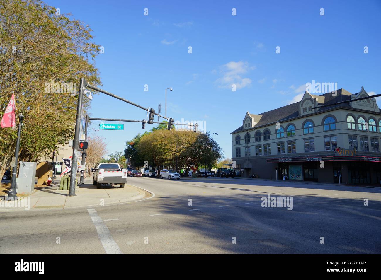 Downtown Pensacola at W Garden St & N Palafox St, with a clear blue sky on a bright November 8, 2023. Stock Photo