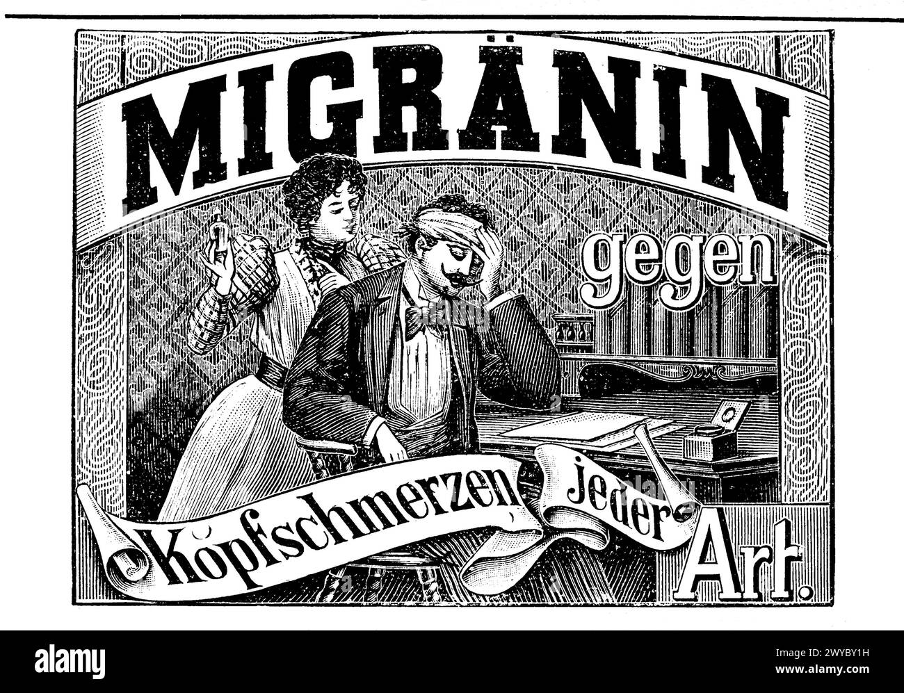 Werbeanzeige für Migranin gegen Kopfschmerzen und Migräne der Farbwerke Höchst, 1890, Deutschland  /  Advertisement for Migranin for headaches and migraines by Farbwerke Höchst, 1890, Germany, Historisch, digital restaurierte Reproduktion einer Originalvorlage aus dem 19. Jahrhundert, genaues Originaldatum nicht bekannt  /  historical, digital improved reproduction of an original from the 19th century, Stock Photo