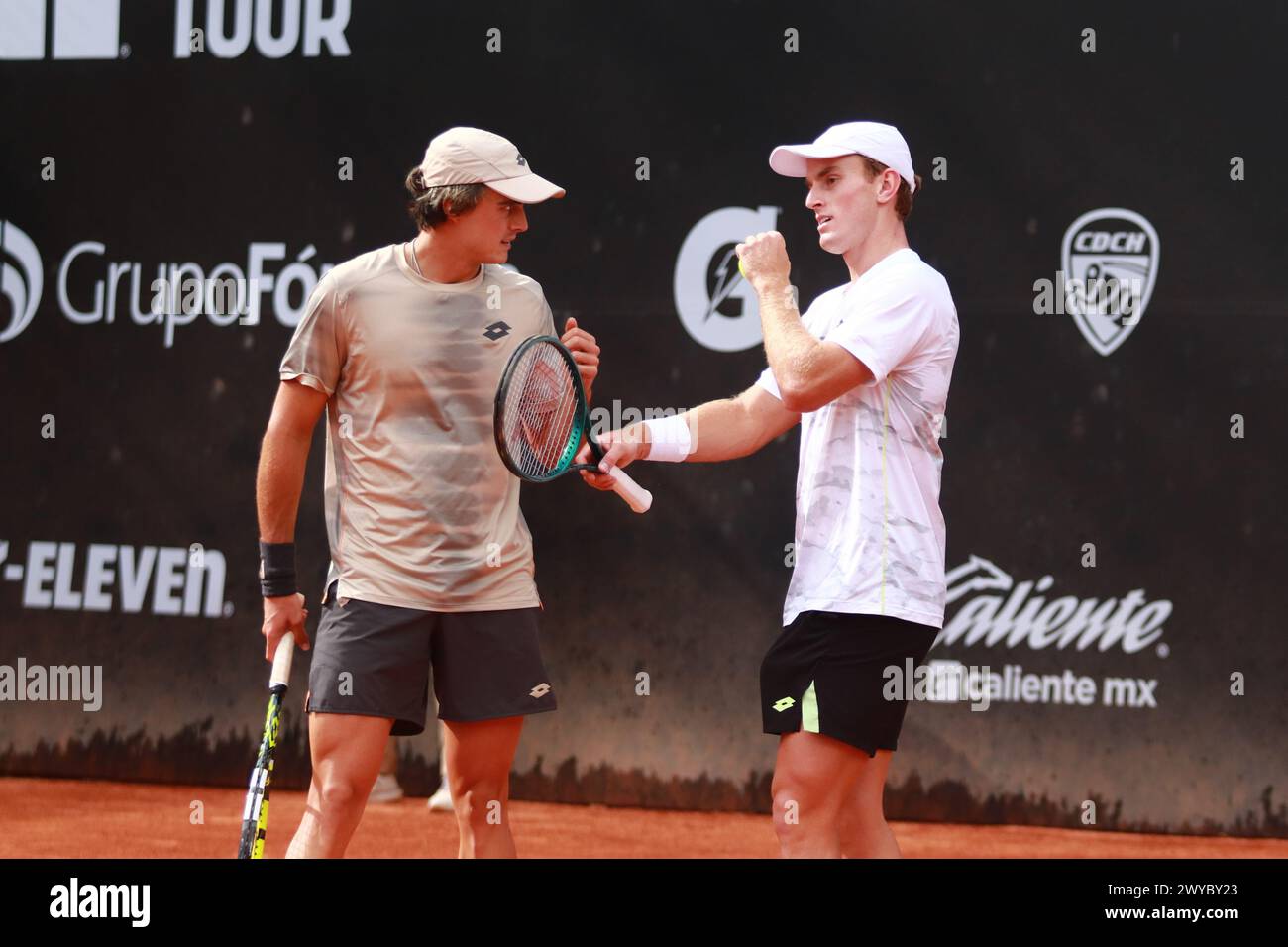 Mexico City, Mexico. 04th Apr, 2024. April 4, 2024, Mexico City, Mexico: Tristan Schoolkate and Adam Walton of Australia talk during the match against Matías Soto of Chile and Marc Kiger of United States during a dubles match of the Mexico City Open at Deportivo Chapultepec. Tristan Schoolkate/ Adam Walton defeated Mac Kiger/ Matías 2 sets to 1. on April 4, 2024 in Mexico City, Mexico. (Photo by Carlos Santiago/ Eyepix Group/Sipa USA) Credit: Sipa USA/Alamy Live News Stock Photo