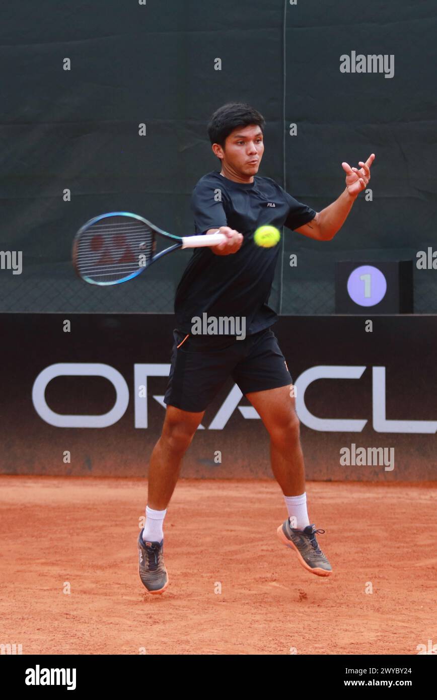 Mexico City, Mexico. 04th Apr, 2024. April 4, 2024, Mexico City, Mexico: Matías Soto of Chile returns a shot to Tristan Schoolkate and Adam Walton of Australia during a dubles match of the Mexico City Open at Deportivo Chapultepec. Tristan Schoolkate/ Adam Walton defeated Mac Kiger/ Matías 2 sets to 1. on April 4, 2024 in Mexico City, Mexico. (Photo by Carlos Santiago/ Eyepix Group/Sipa USA) Credit: Sipa USA/Alamy Live News Stock Photo