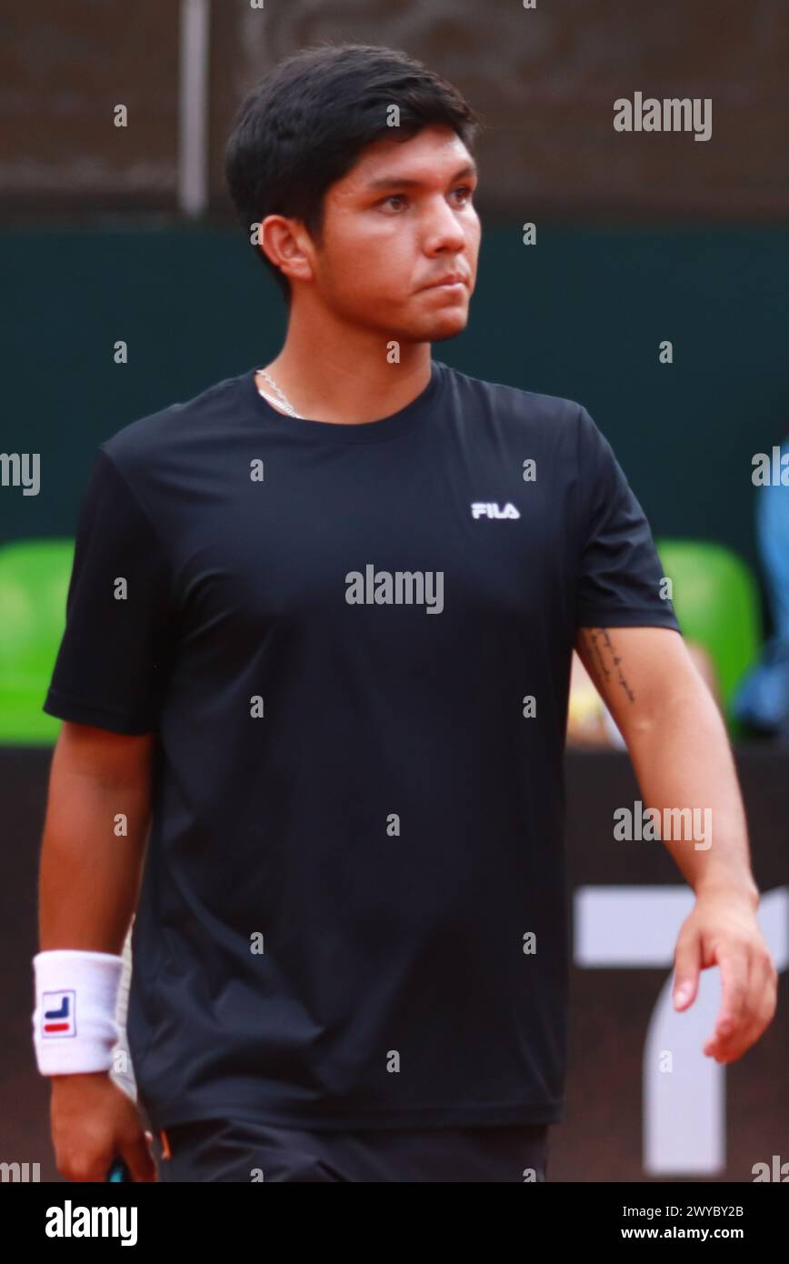 Mexico City, Mexico. 04th Apr, 2024. April 4, 2024, Mexico City, Mexico: Matías Soto of Chile reacts during the match against Tristan Schoolkate and Adam Walton of Australia during a dubles match of the Mexico City Open at Deportivo Chapultepec. Tristan Schoolkate/ Adam Walton defeated Mac Kiger/ Matías 2 sets to 1. on April 4, 2024 in Mexico City, Mexico. (Photo by Carlos Santiago/ Eyepix Group/Sipa USA) Credit: Sipa USA/Alamy Live News Stock Photo