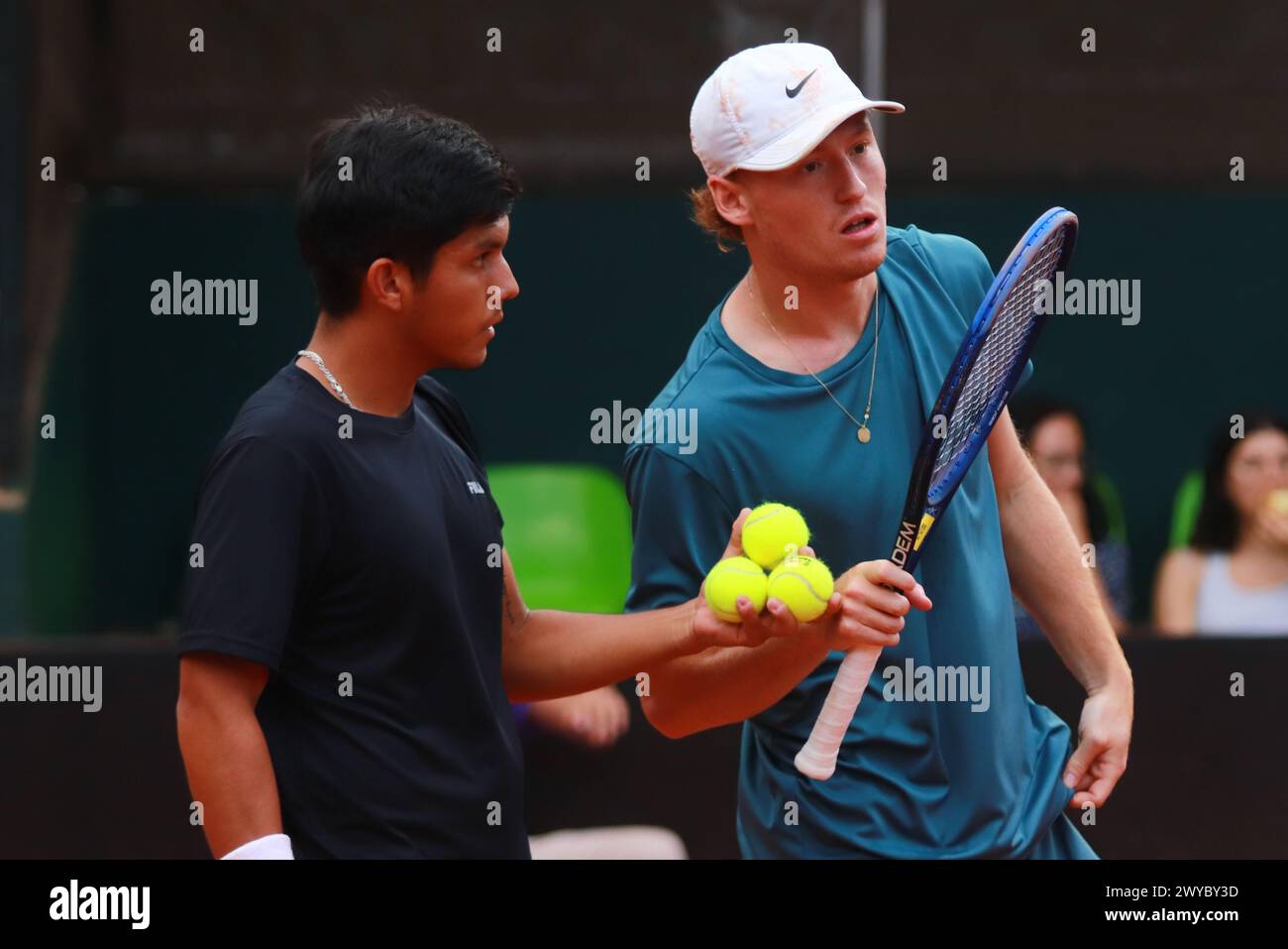 Mexico City, Mexico. 04th Apr, 2024. April 4, 2024, Mexico City, Mexico: Matías Soto of Chile and Marc Kiger of United States talk during the match against Tristan Schoolkate and Adam Walton of Australia during a dubles match of the Mexico City Open at Deportivo Chapultepec. Tristan Schoolkate/ Adam Walton defeated Mac Kiger/ Matías 2 sets to 1. on April 4, 2024 in Mexico City, Mexico. (Photo by Carlos Santiago/ Eyepix Group/Sipa USA) Credit: Sipa USA/Alamy Live News Stock Photo