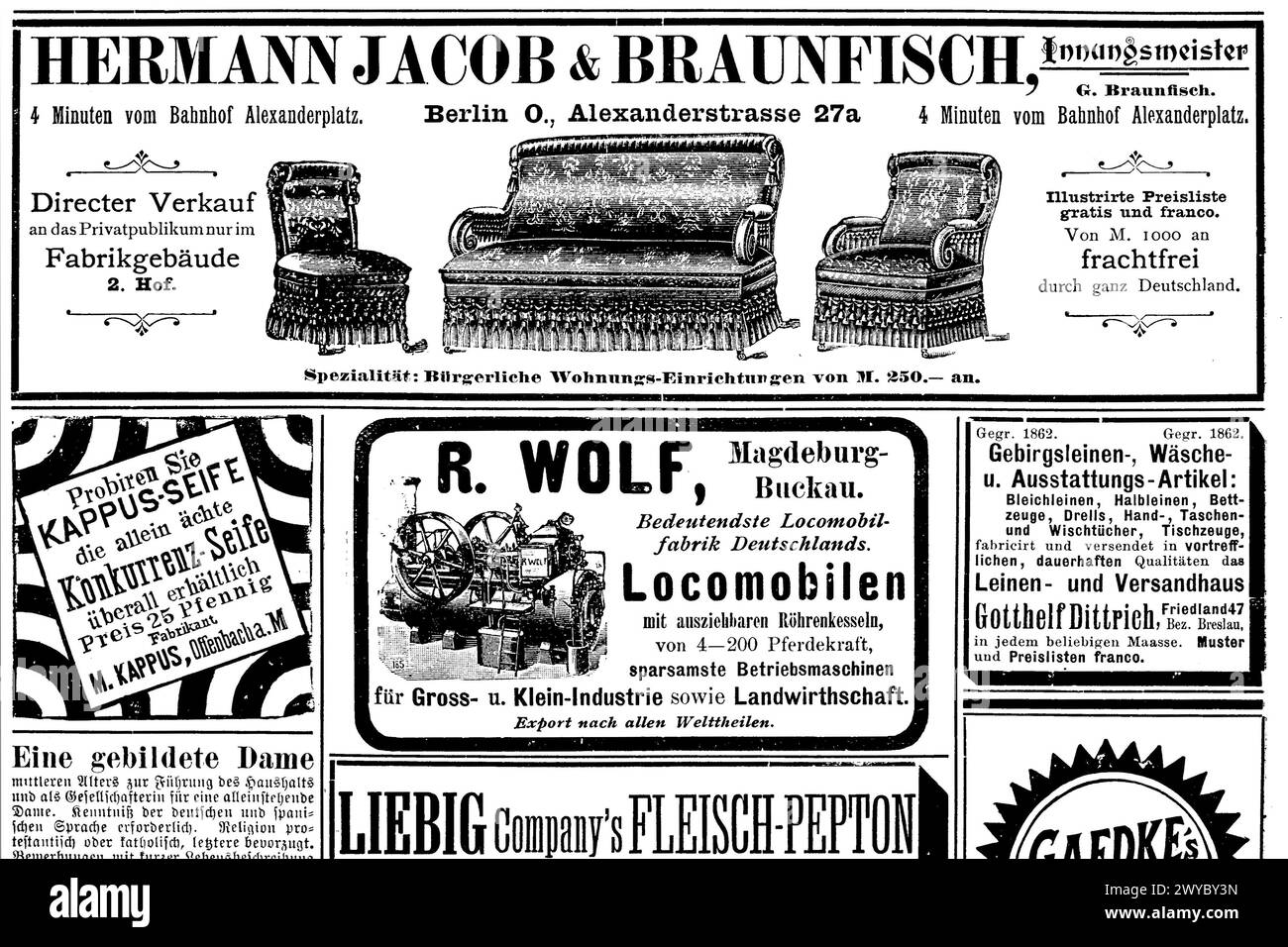 Diverse Werbeanzeigen, Hermann Jacob & Braunfisch Möbel, Locomobile, Kappus Seife, Gebirgsleinen, aus einer Zeitschrift von, 1890, Deutschland  /  Various advertisements, Hermann Jacob & Braunfisch furniture, Locomobile, Kappus soap, mountain linen, from a magazine from, 1890, Germany, Historisch, digital restaurierte Reproduktion einer Originalvorlage aus dem 19. Jahrhundert, genaues Originaldatum nicht bekannt  /  historical, digital improved reproduction of an original from the 19th century, Stock Photo