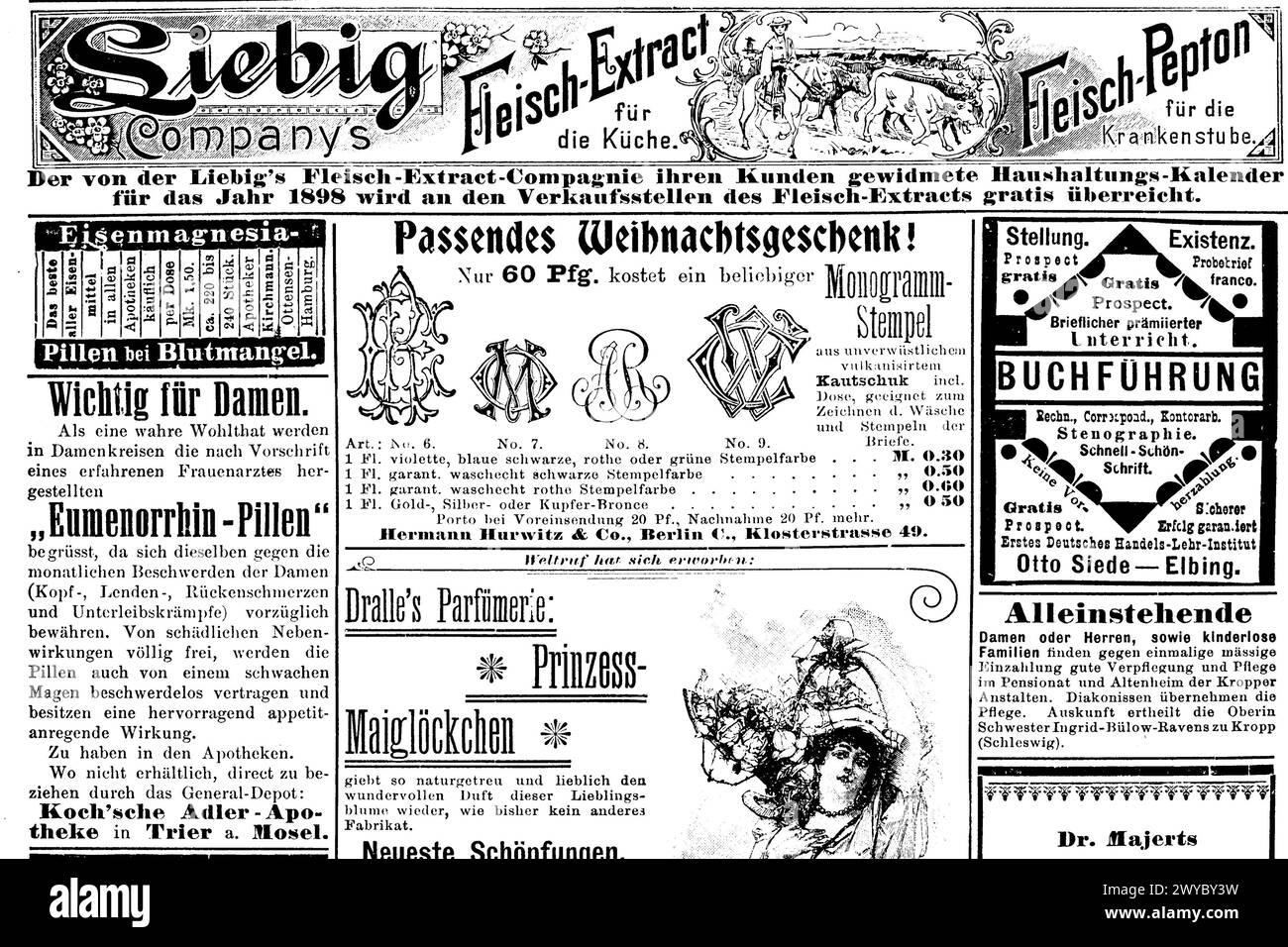 Diverse Werbeanzeigen, Siebig Fleisch Extrakt, Eumenorrhin Pillen, Eisenmagnesia, aus einer Zeitschrift von 1897, Deutschland  /  Various advertisements, Liebig Meat Extract, Eumenorrhin Pills, Iron Magnesia, from a magazine from 1897, Germany, Historisch, digital restaurierte Reproduktion einer Originalvorlage aus dem 19. Jahrhundert, genaues Originaldatum nicht bekannt  /  historical, digital improved reproduction of an original from the 19th century, Stock Photo