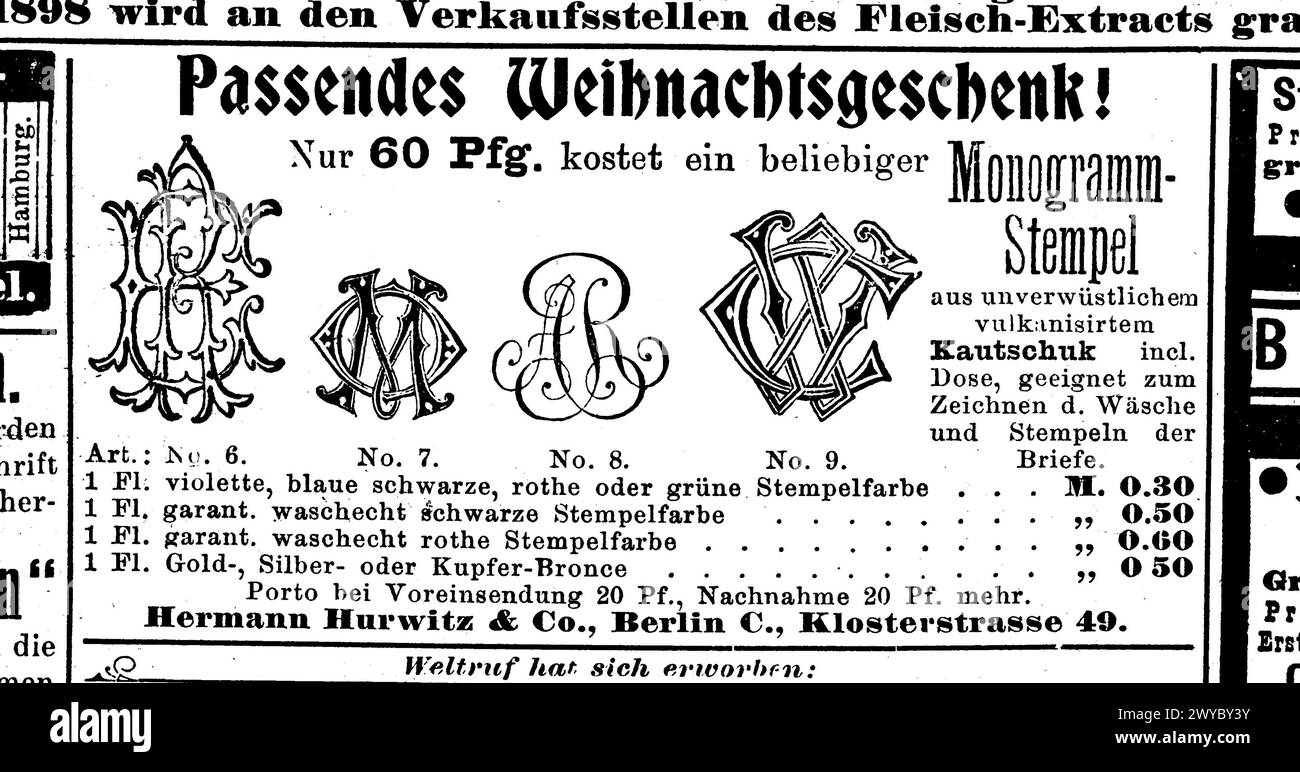 Werbeanzeige Passendes Weihnachtsgeschenk, Monogrammstempel, Firma Hurwitz, Berlin, 1890, Deutschland  /  Advertisement Matching Christmas gift, monogram stamp, Hurwitz company, Berlin, 1890, Germany, Historisch, digital restaurierte Reproduktion einer Originalvorlage aus dem 19. Jahrhundert, genaues Originaldatum nicht bekannt  /  historical, digital improved reproduction of an original from the 19th century, Stock Photo