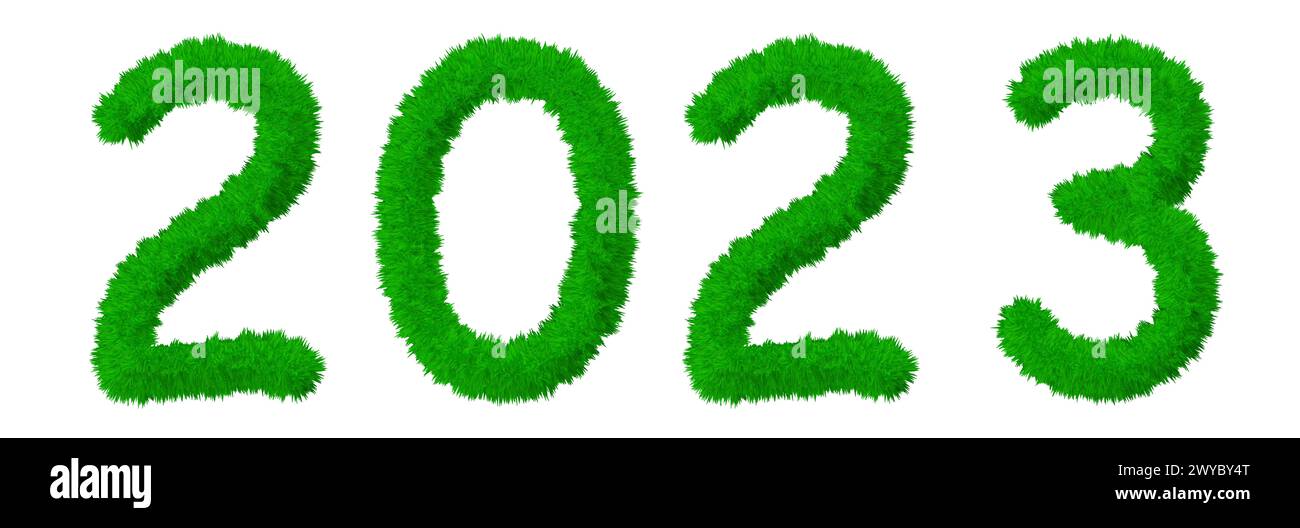 Concept conceptual 2023 year made of green summer lawn grass symbol isolated on white background. 3d illustration as a metaphor for future, nature Stock Photo