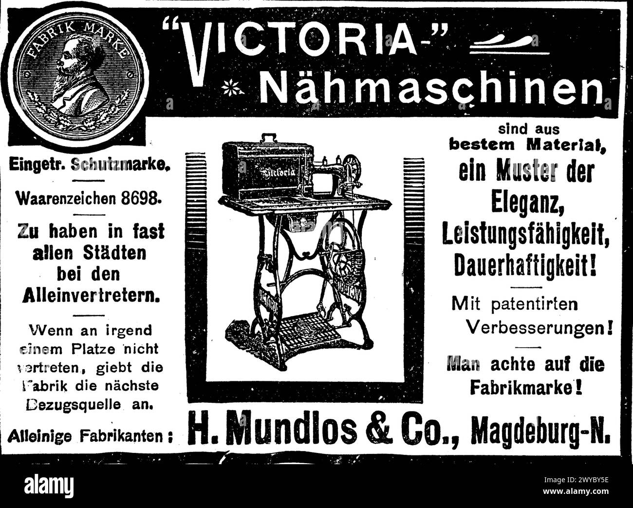 Werbeanzeige der Firma Victoria Nähmaschinen, 1887, Deutschland / Victoria sewing machine