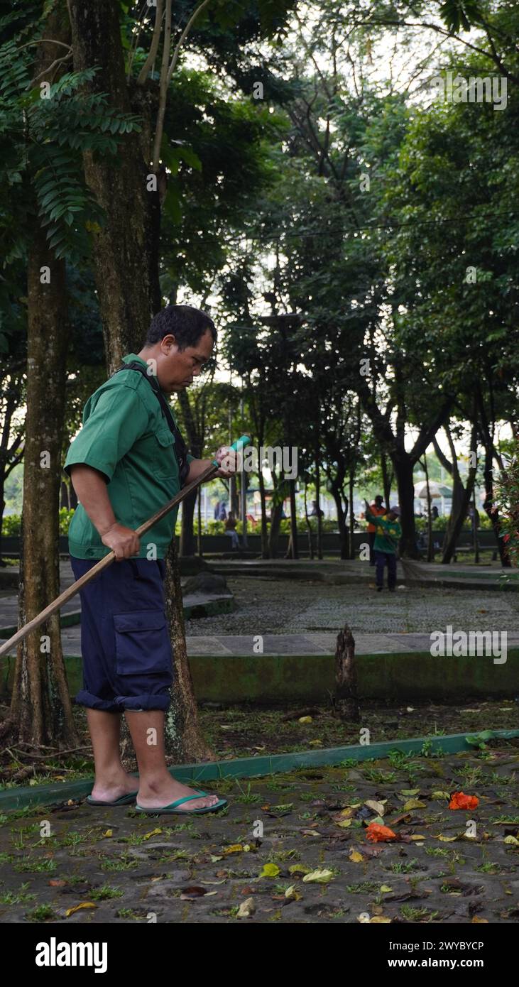 A man who is a cleaning worker at Singha park Malang who is doing his job sweeping fallen leaves in the morning Stock Photo