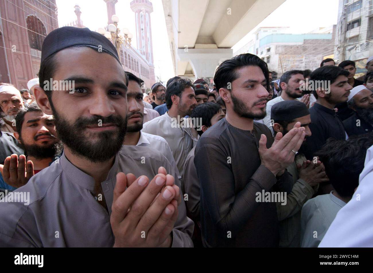 Participants are holding demonstration against USA and Israel as they are marking Youm-ul-Quds to show solidarity with people of Palestine, organized by National Ulema and Mashaikh Council outside Sunehri Mosque in Peshawar on Friday, April 5, 2024. Stock Photo