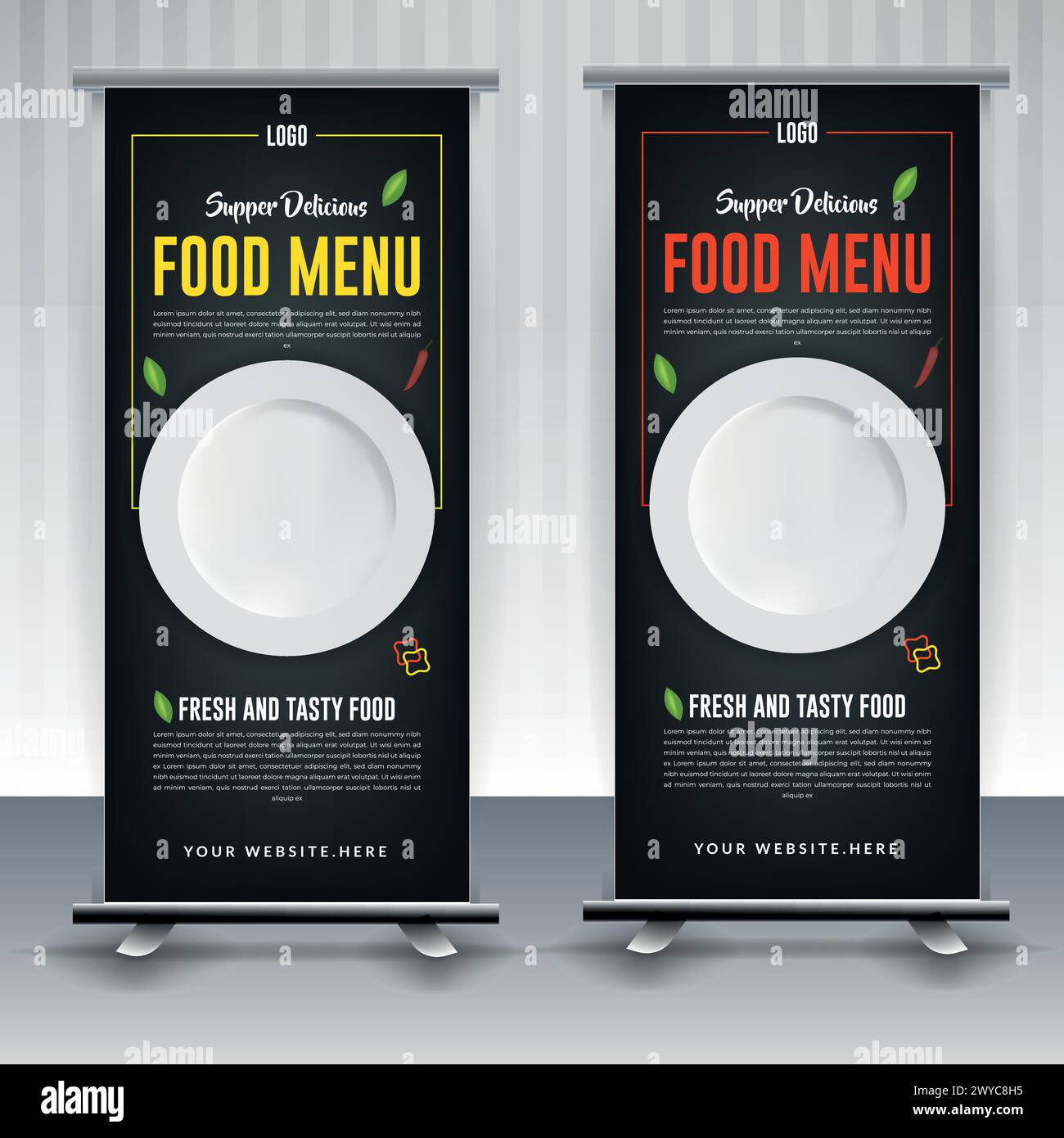 Food menu and restaurant Modern food rollup banner design. Stock Vector