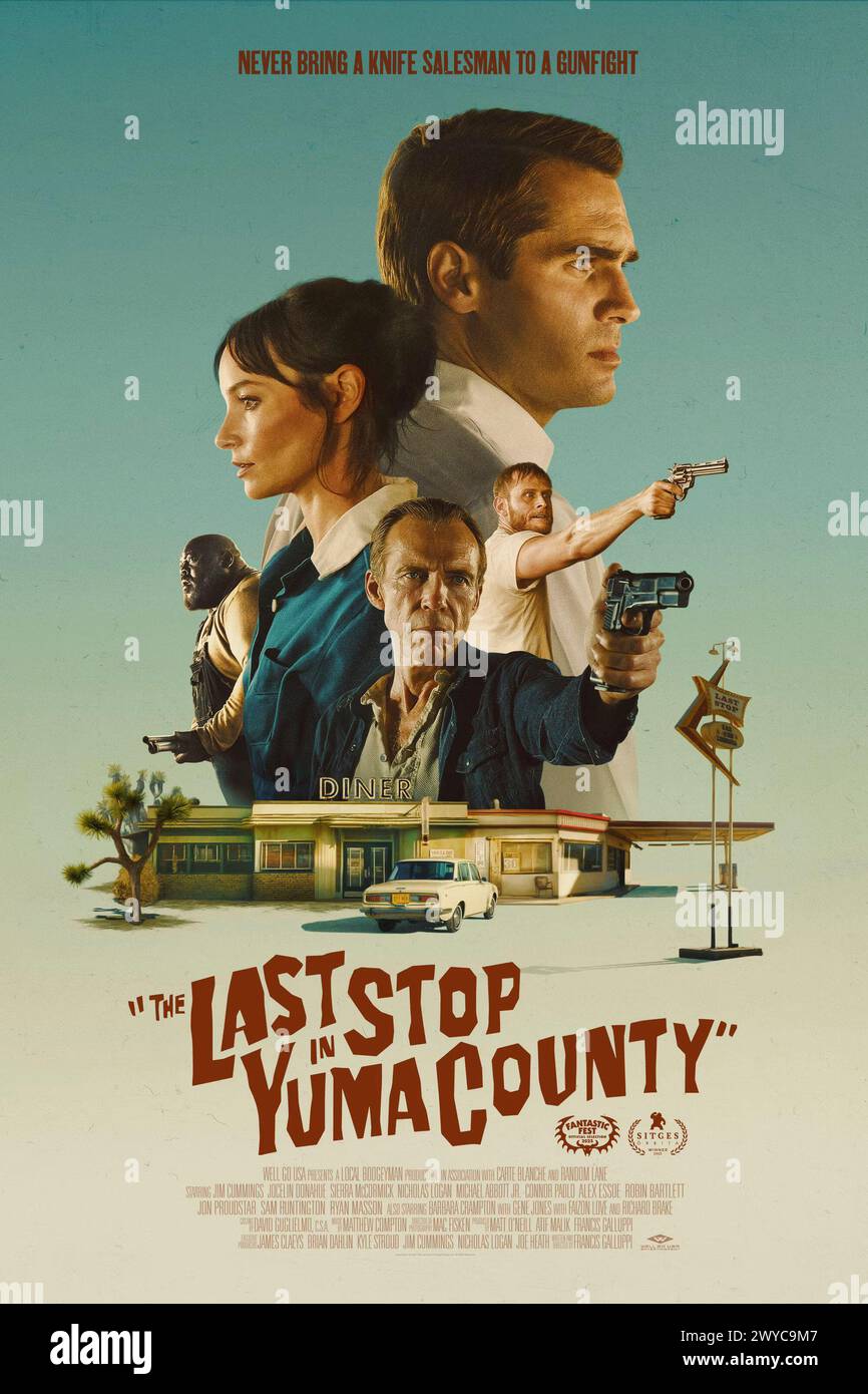 The Last Stop in Yuma County (2023) directed by Francis Galluppi and starring Jim Cummings, Jocelin Donahue and Richard Brake. While stranded at a rural Arizona rest stop, a traveling salesman is thrust into a dire hostage situation by the arrival of two bank robbers with no qualms about using cruelty-or cold, hard steel-to protect their bloodstained fortune. US one sheet poster.***EDITORIAL USE ONLY*** Credit: BFA / Well Go USA Entertainment Stock Photo