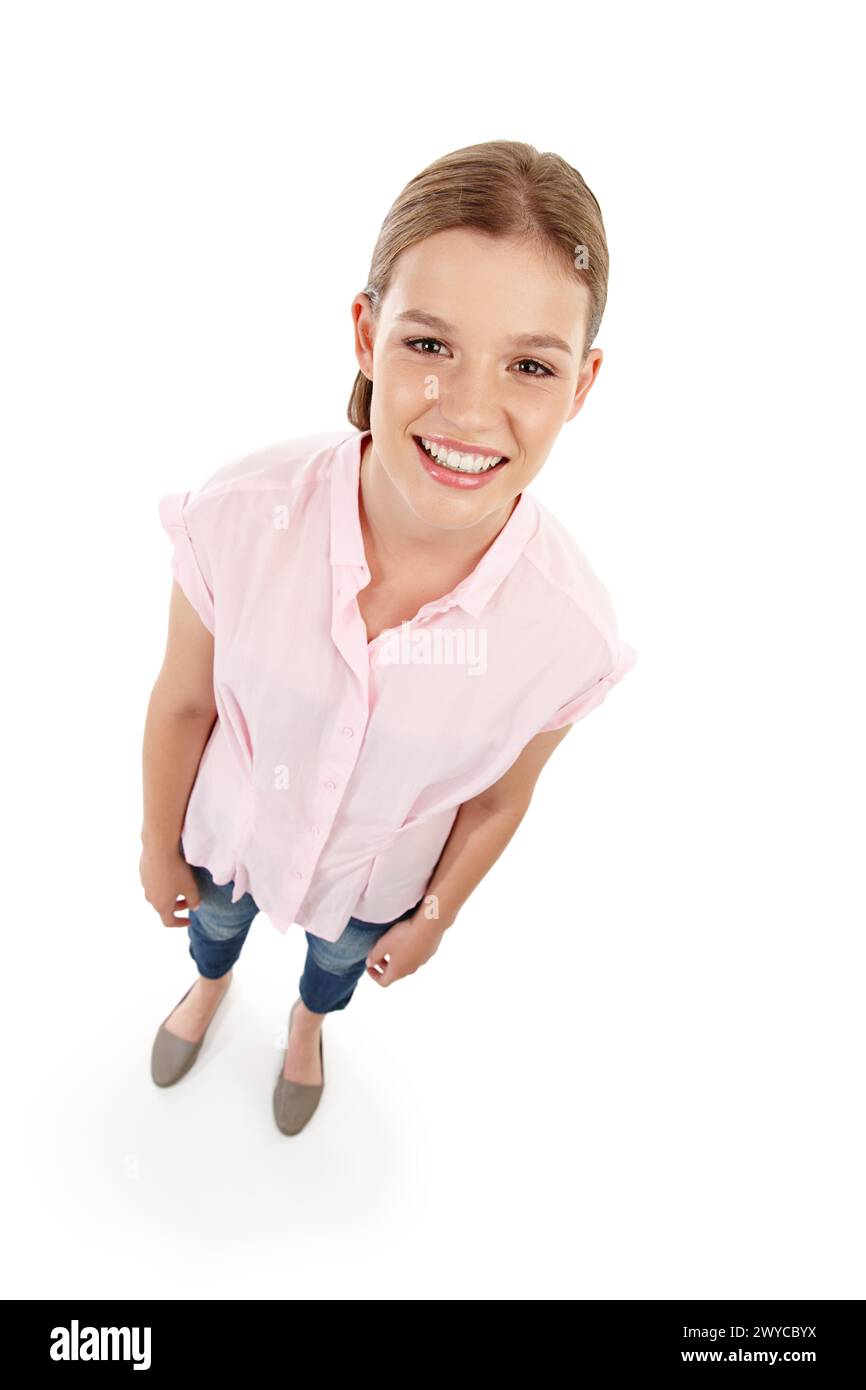 Female student, smile and happy in studio with portrait, confidence and hope for school in Canada. Girl, excited and motivation for education or study Stock Photo