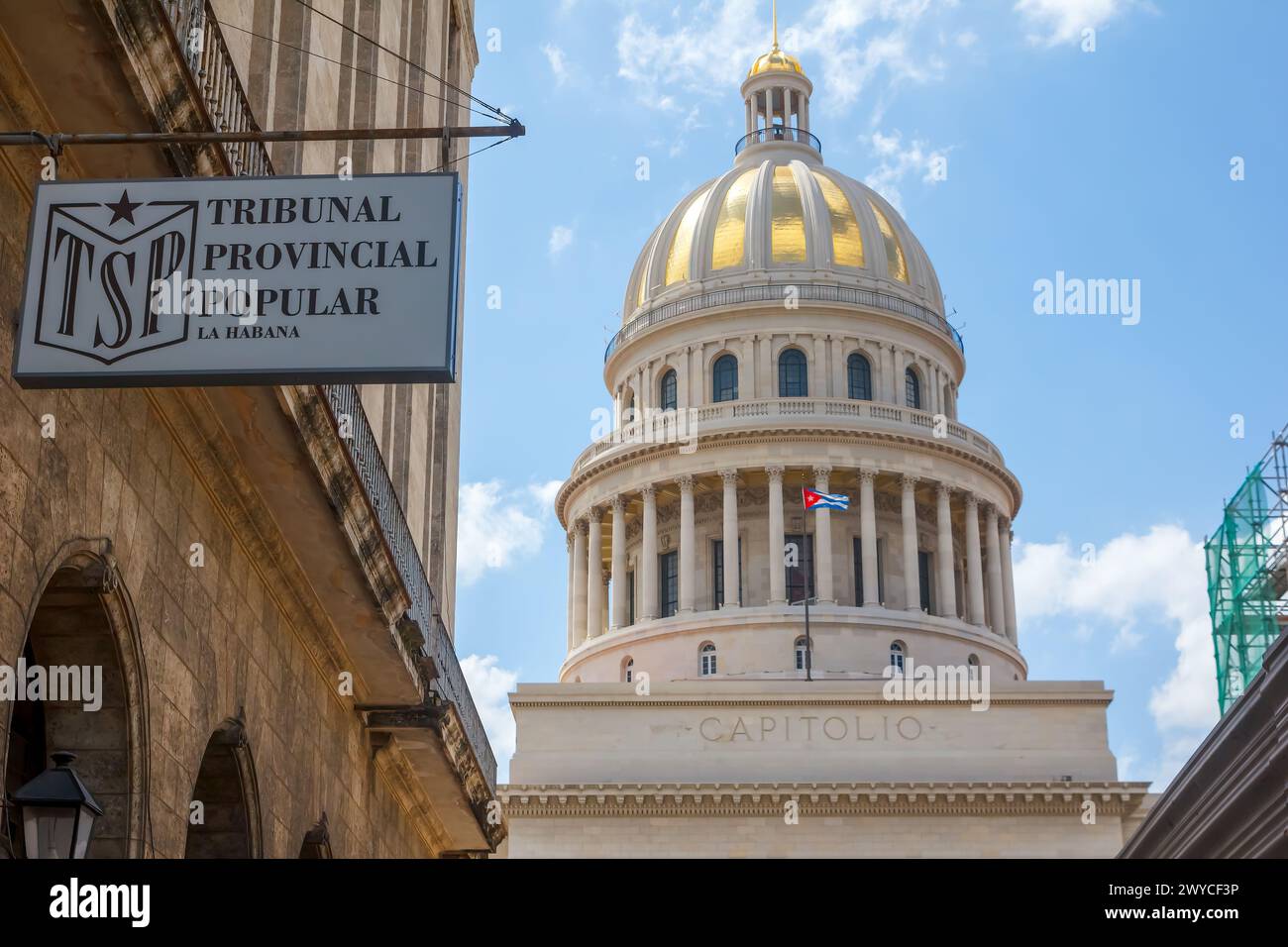 Dome of Capitolio building, sign Tribunal Provincial Popular in Havana, Cuba Stock Photo