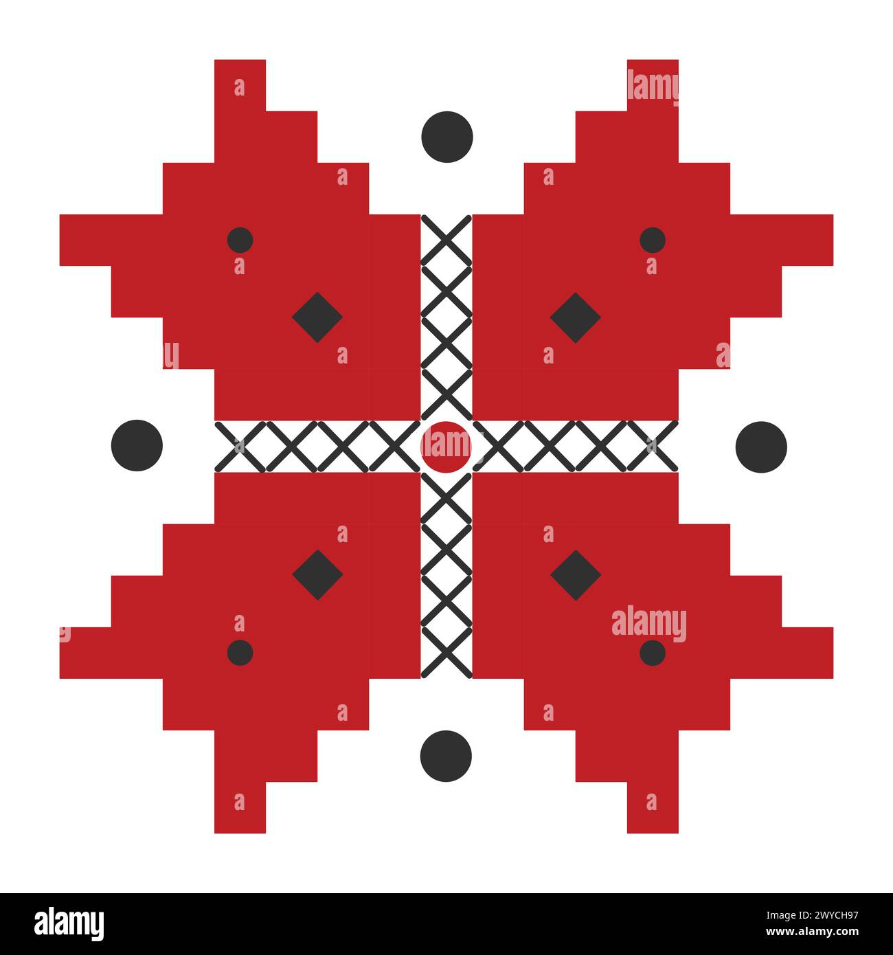 Ukrainian embroidery in black and red colors, folk ornament of flower with four petals and cross Stock Vector